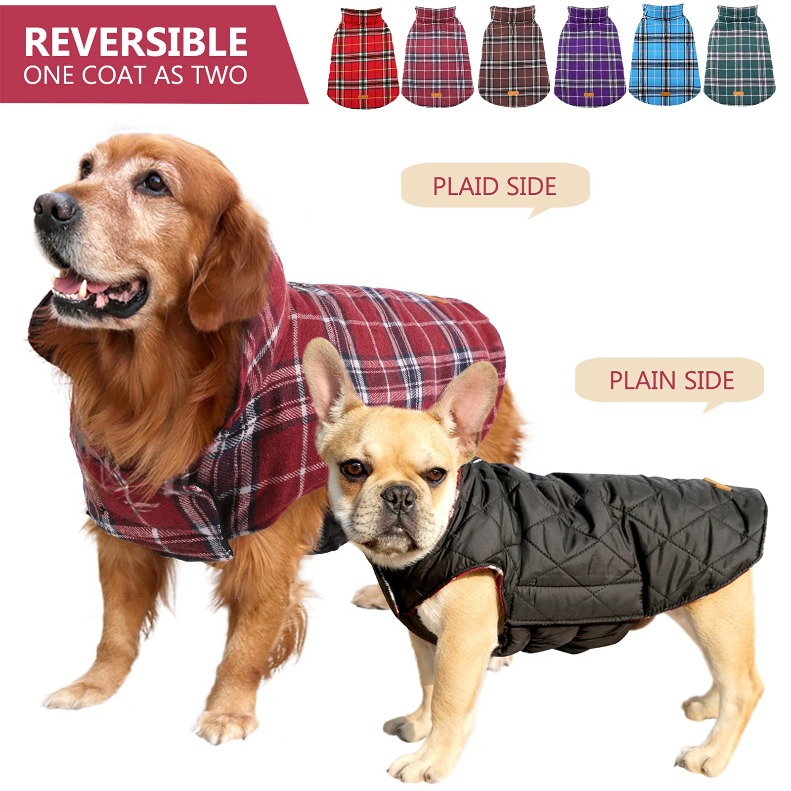 Kuoser Warm Dog Coat, Reversible Dog Jacket Waterproof Dog Winter Coat British Style Plaid Dog Clothes Pet Dog Cold Weather Coats Cozy Snow Jacket Vest For Small Medium Large Dogs Red S
