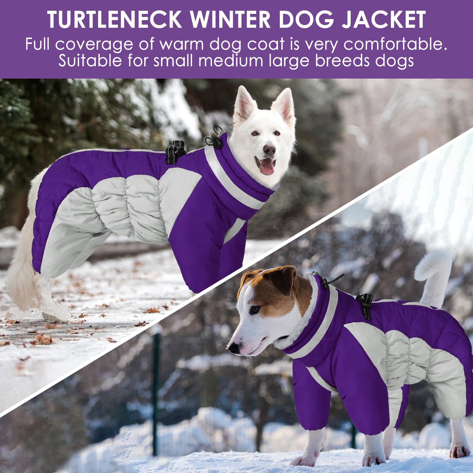 Sunfura Four Legged Dog Coat - Warm Fleece Winter Coat, Reflective Turtleneck Dog Jacket With Harness, Windproof Full Body Pet S