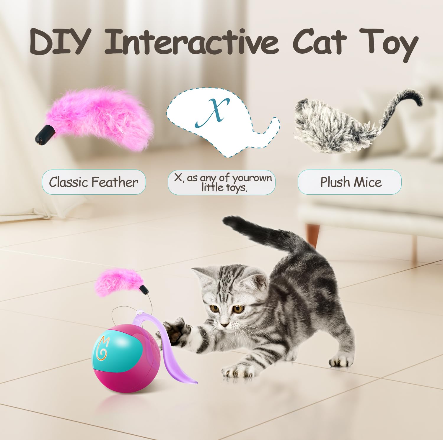 Migipaws Interactive Cat Ball Toy Set, Fun Tracker, Automatic Rolling Chase Ball With Fluffy Tail, A Small Mice, Rechargeable (R