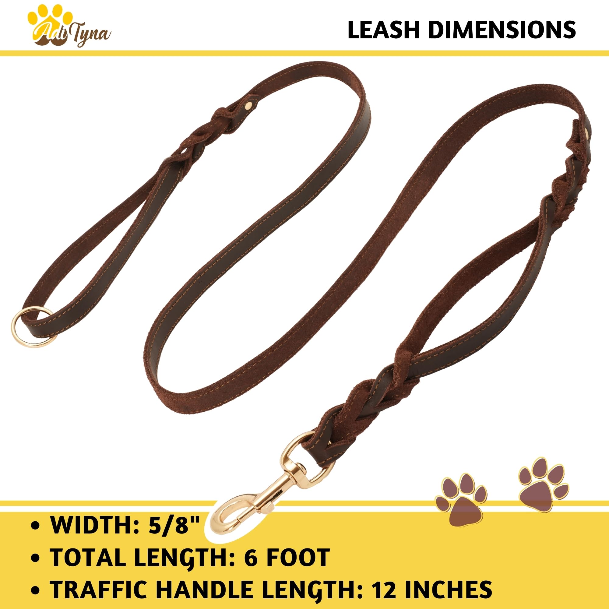 Adityna Double Handle Leather Dog Leash 6Ft - Heavy Duty Braided Leash With Traffic Handle - Lead For Training And Walking Medium & Small Dogs
