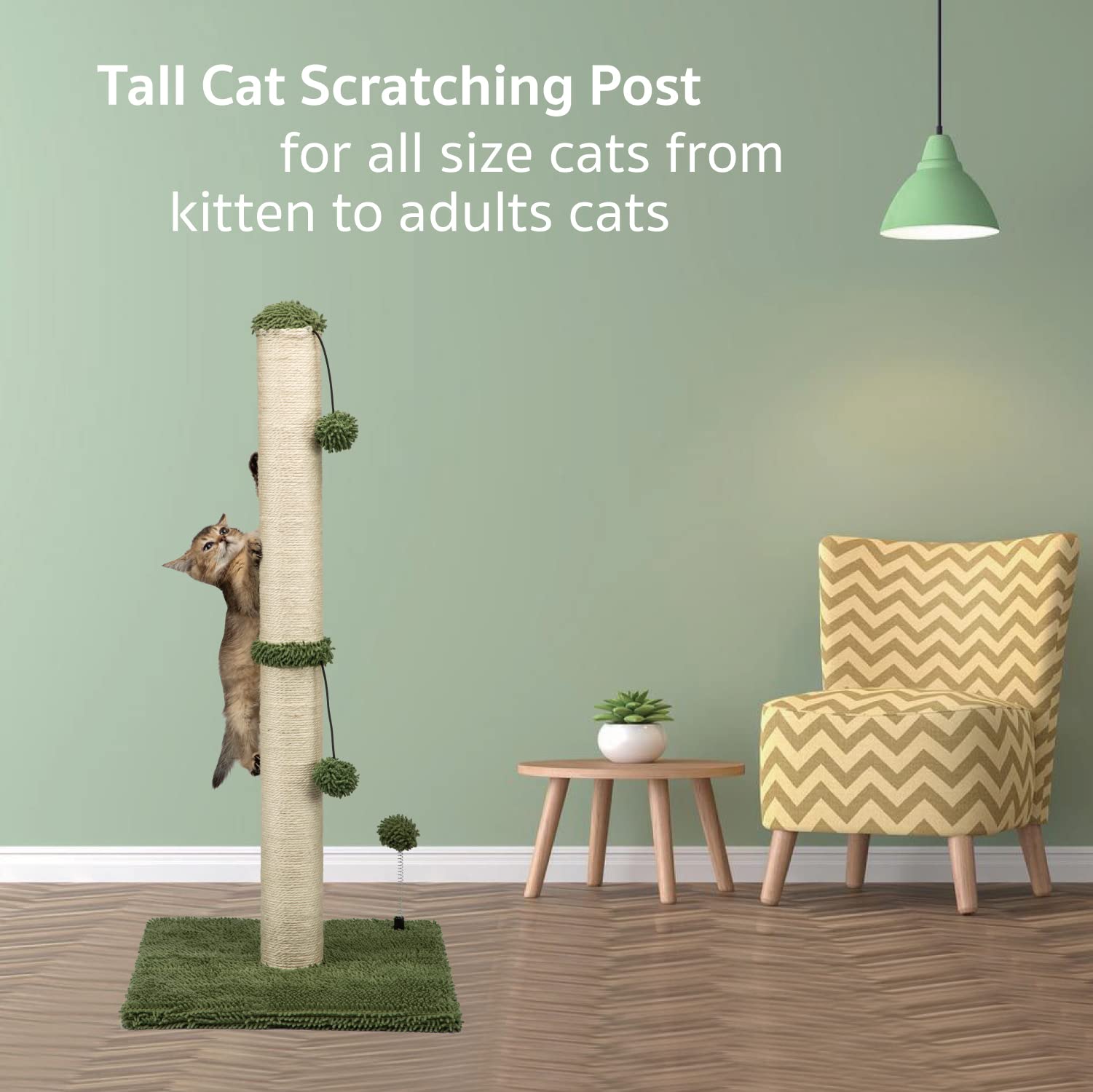 Mecool 34“ Tall Cat Scratching Post Premium Basics Kitten Scratcher Sisal Scratch Posts Trees With Hanging Ball For Indoor Cats (34 Inches For Adult Cats, Cactus Green)