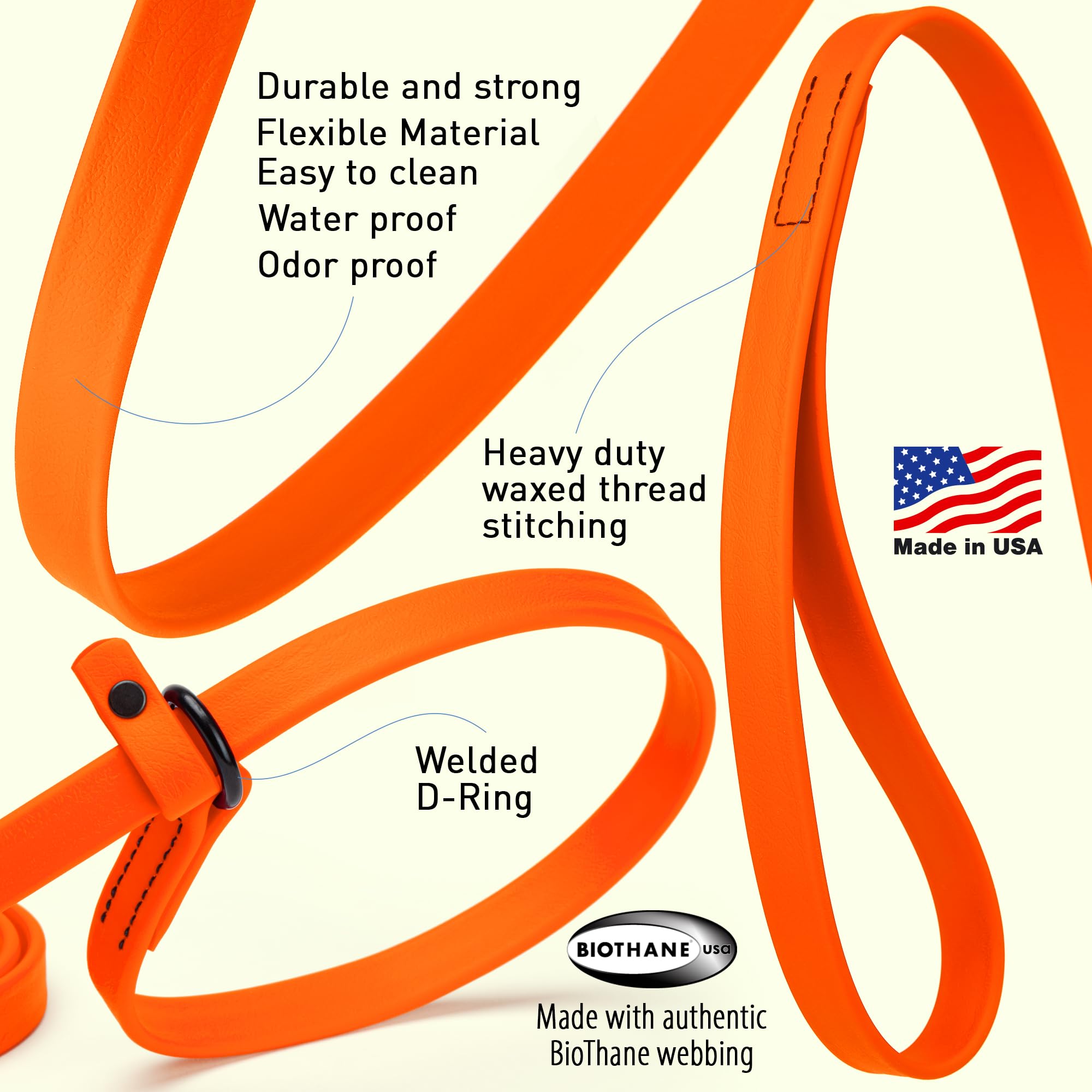 Dogline Biothane Slip Dog Leash - For Small, Medium And Large Dogs - Odor Free Slip Lead, Heavy Duty And Durable Material Kennel Lead - Hunter Orange - 5Ft L X 3/8In W