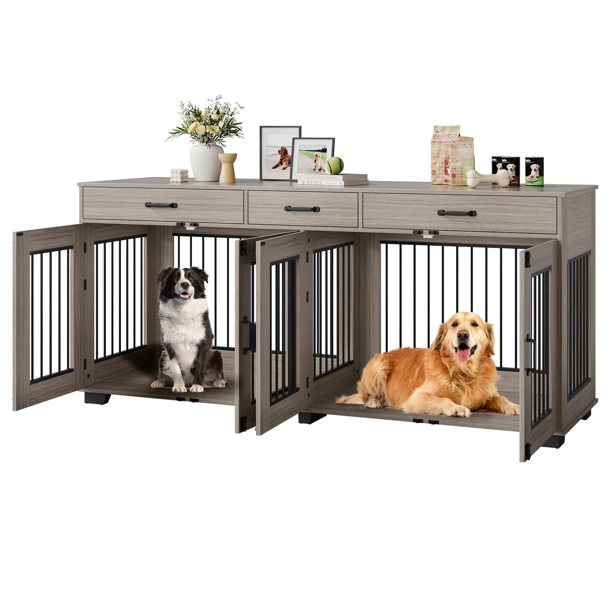 71 in Large Dog Crate Furniture for 2 Dogs with 3 Drawers, Heavy Duty Double Indoor Dog Kennel and TV Stand for Medium Large Dog