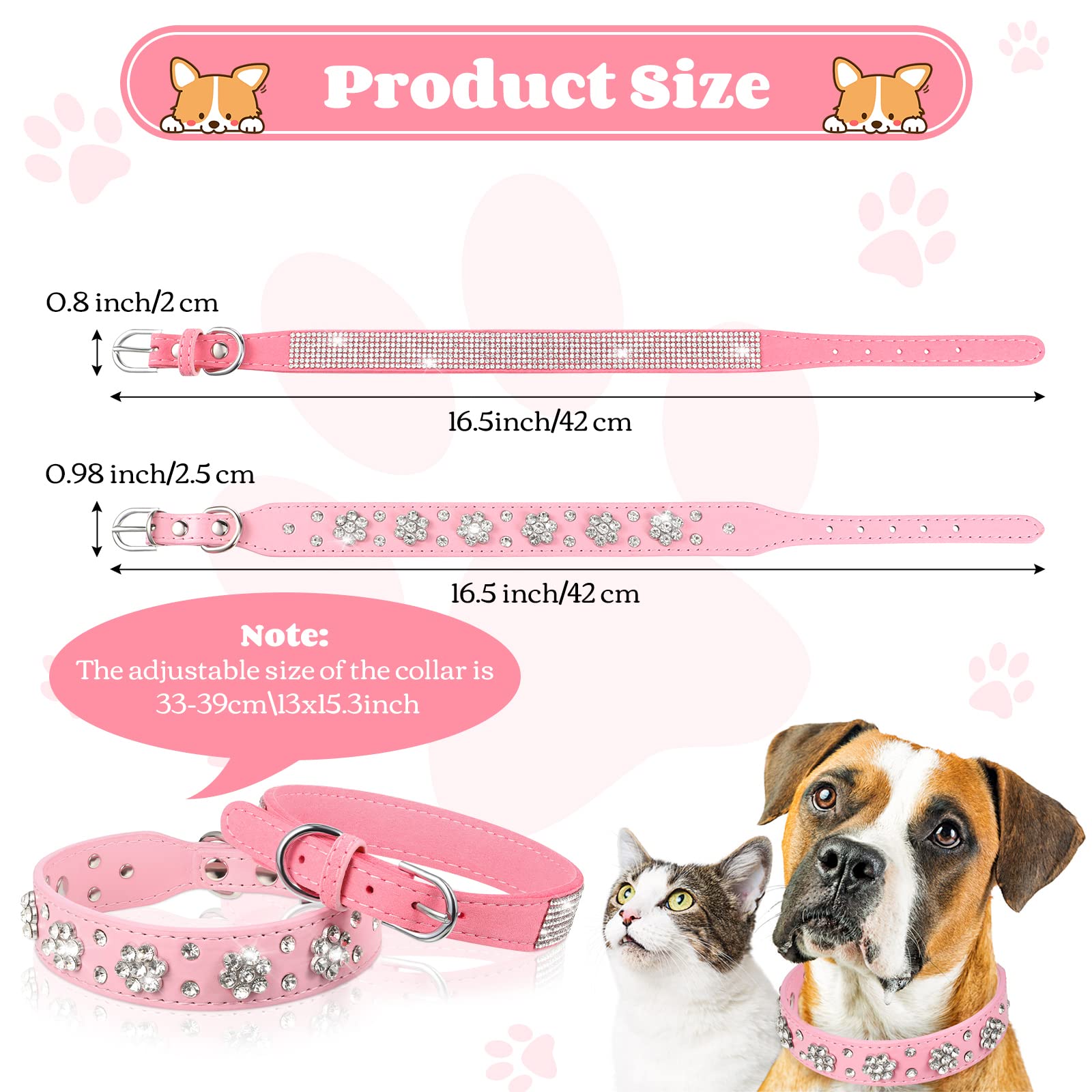 2 Pieces Pu Leather Dog Collar Pink Rhinestone Pet Collar Flower Pattern Studded Dog Collar Adjustable Bling Puppy Collar Pu Leather Crystal Pet Collars For Dogs (M 12-15 Inch)