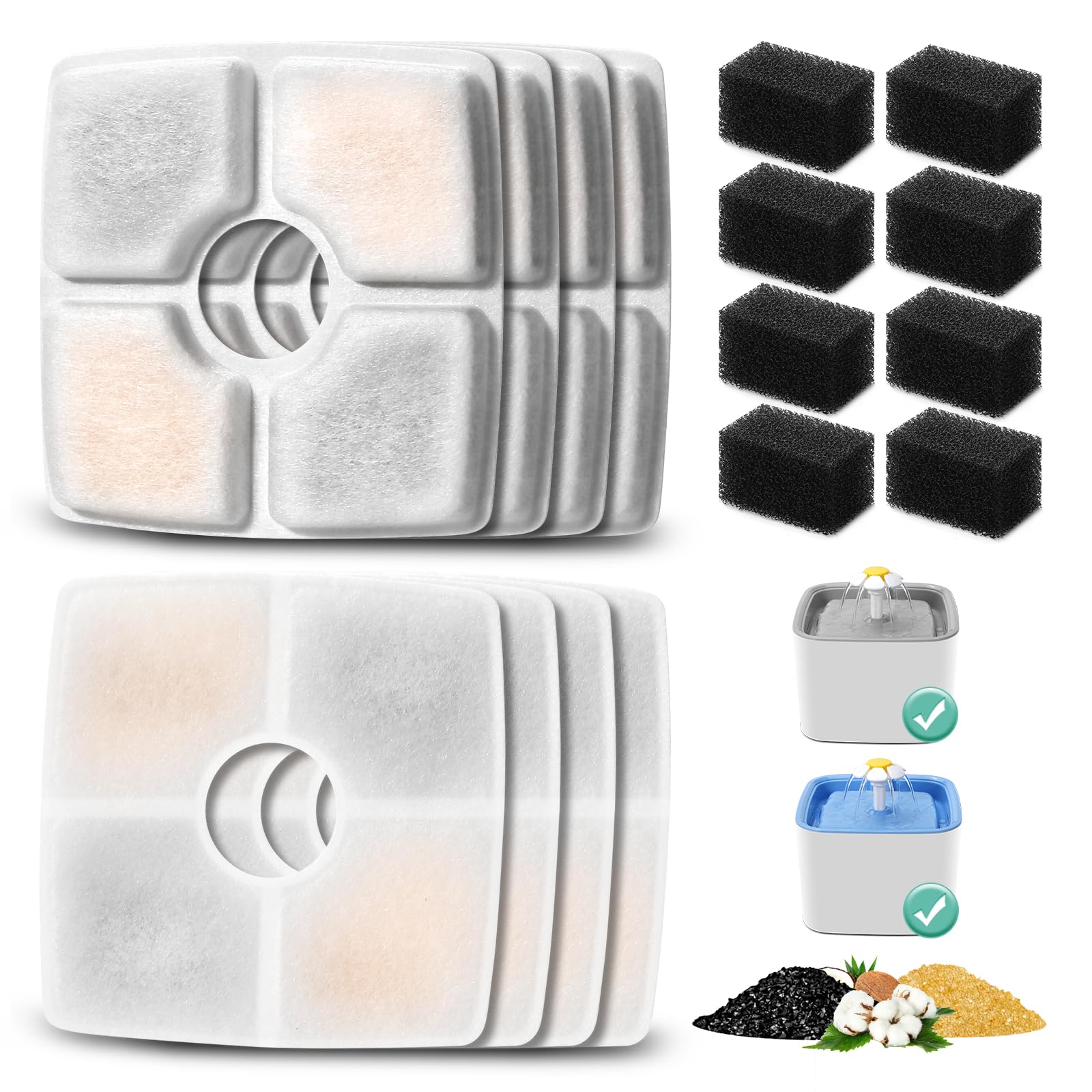 8 Pack Replacement Filters & 8 Pack Pre-Filter Sponges For 84Oz/2.5L Automatic Pet Fountain, Bflicroy Cat Water Fountain Filter,