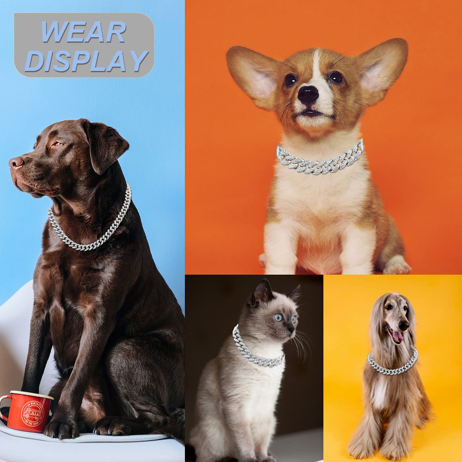 Cuban Link Dog Collar Gold Silver Color Metal Dog Chain Collar Cuban Diamond Chain Pet Collars For Dogs Cats Jewelry 8/10/14/16/18/20/24/28 Inch (22Inch, Silver)