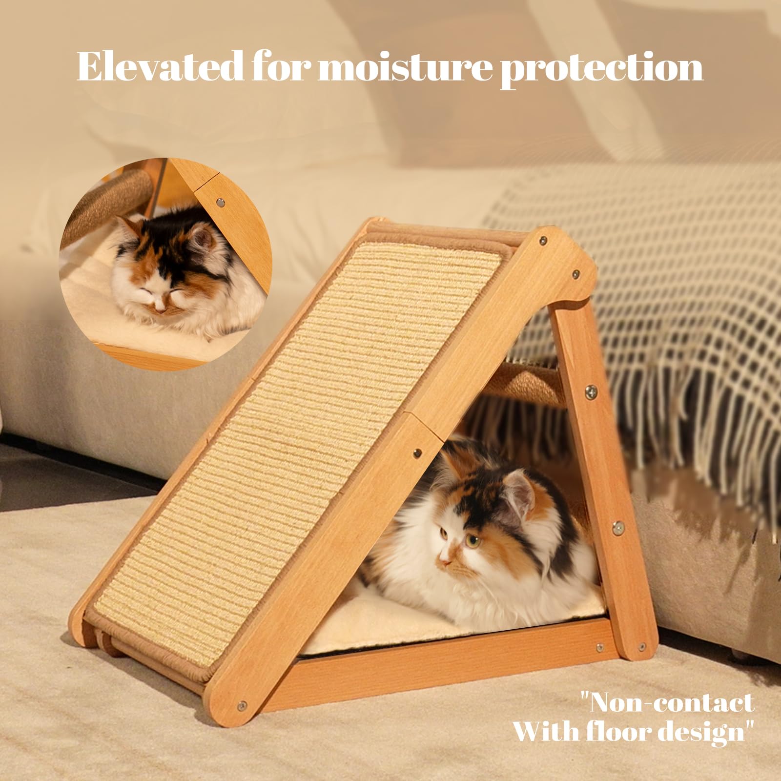 Cheerhome Pets Sisal Cat Scratcher Ramp With Cushion, 20'' X 14.1'' Large Foldable Scratch Board Cats Scratching Post, Wooden Ca