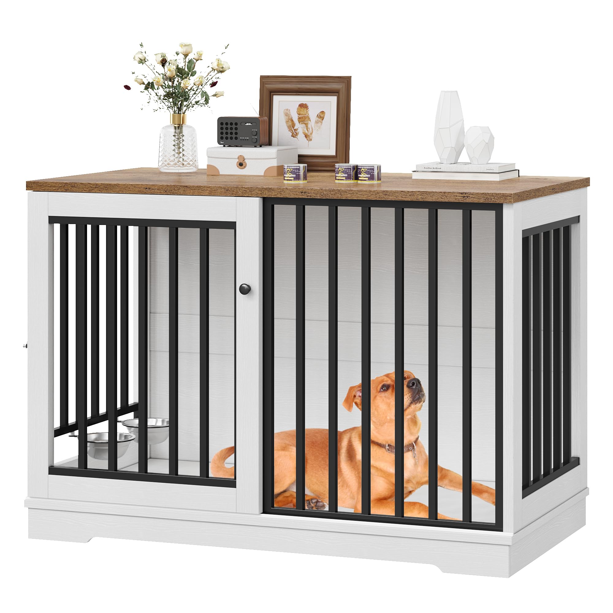 Dog Crate Furniture 47'' Large Dog Kennel For Dogs Indoor, Heavy Duty Dog Cage With Sliding Door And 2 Sus Bowls Wooden End Tabl