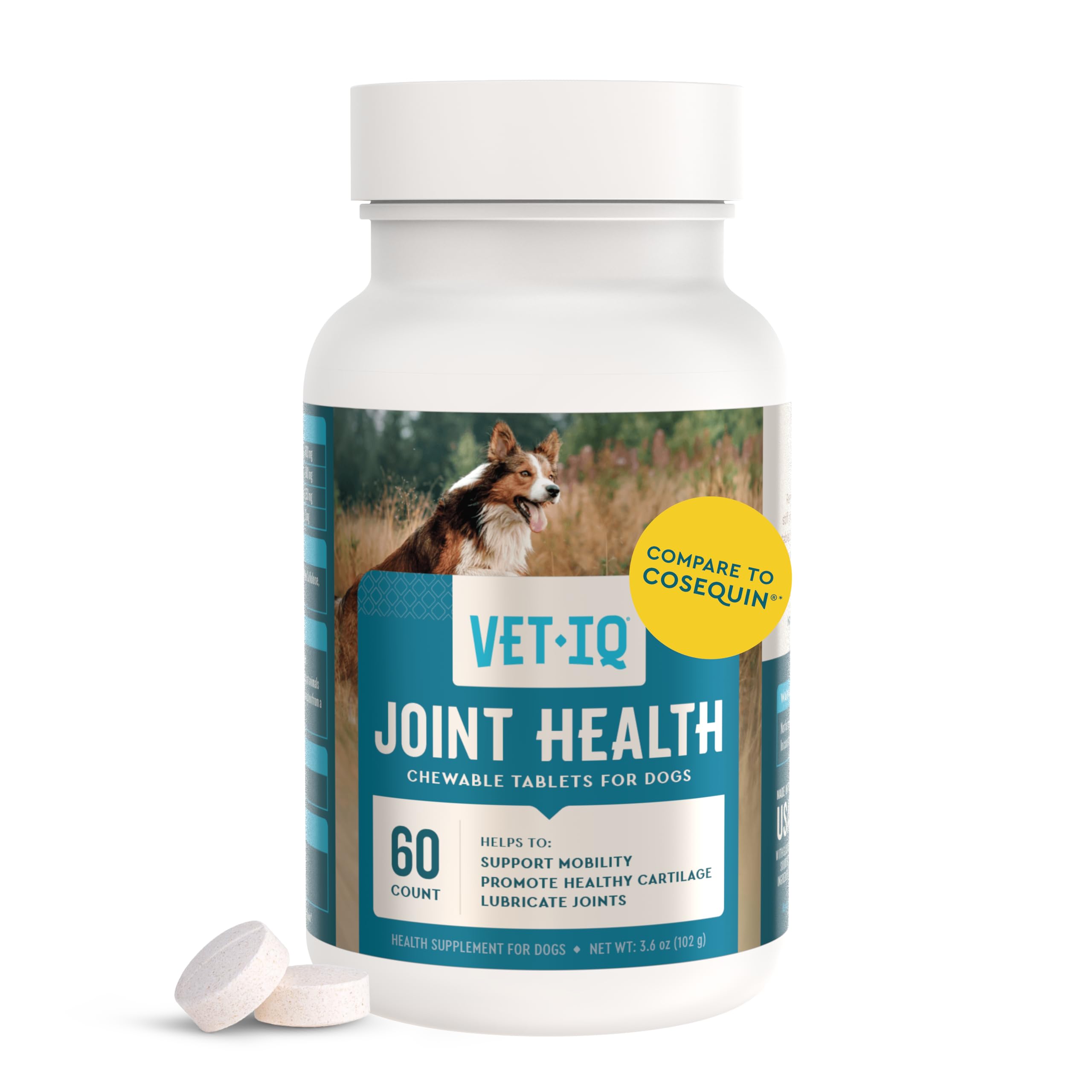 VetIQ Hip & Joint Health Supplement for Dogs, with Glucosamine, Chondroitin & MSM, Chewable Tablets for Dogs, Chicken Flavor, 60