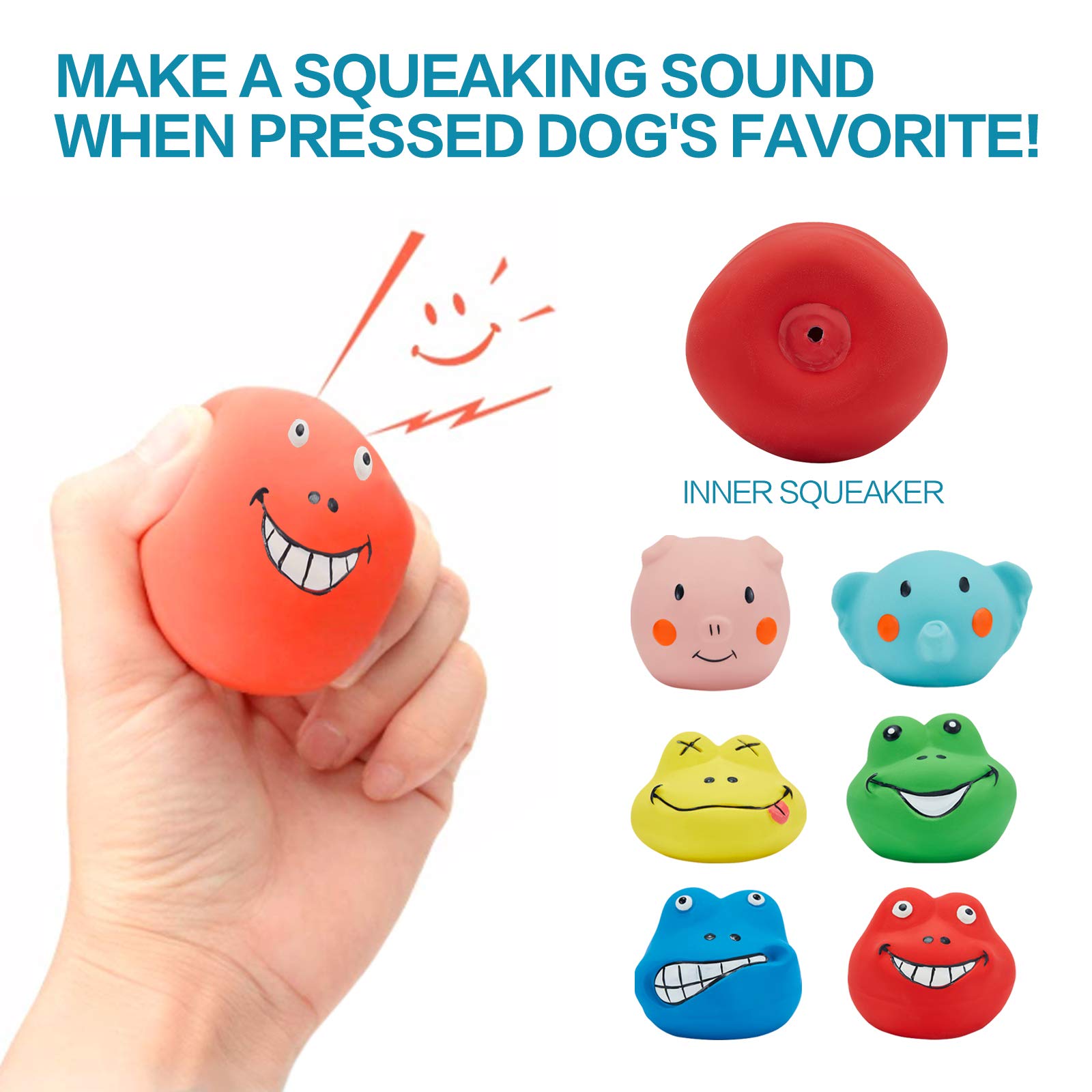 N-S Squeaky Dog Toys, Durable Soft Latex, 6pcs Teething Chew Toys for Small Medium Dogs, Funny Faces, Sky Blue, Green, Yellow, Pink, Red