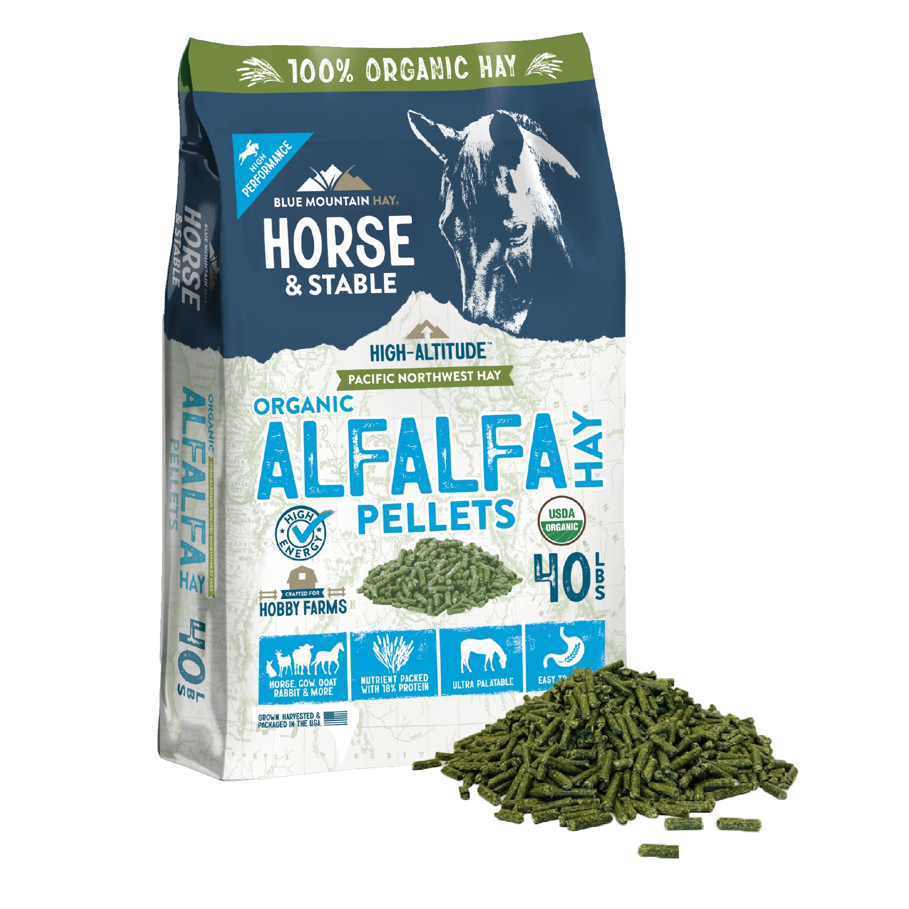 Blue Mountain Hay High Altitude Organic Alfalfa Hay Pellets (40 lb), Ultra Premium Nutrient Dense Forage, Small Quick Soaking Lo
