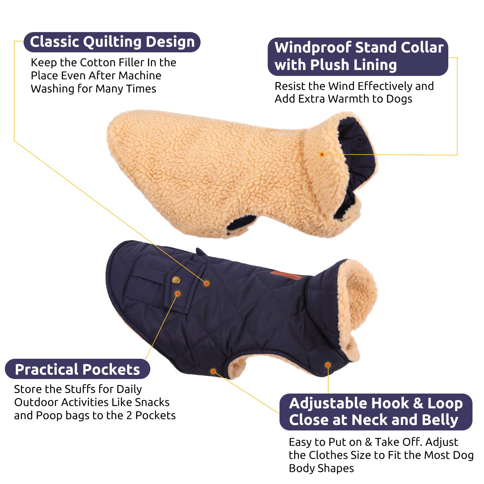 Queenmore Cold Weather Dog Coat, Winter Quilting Dog Jacket Ultra Warm Thick Plush Lining With Storage Pockets (Dark Navy, X-Small)