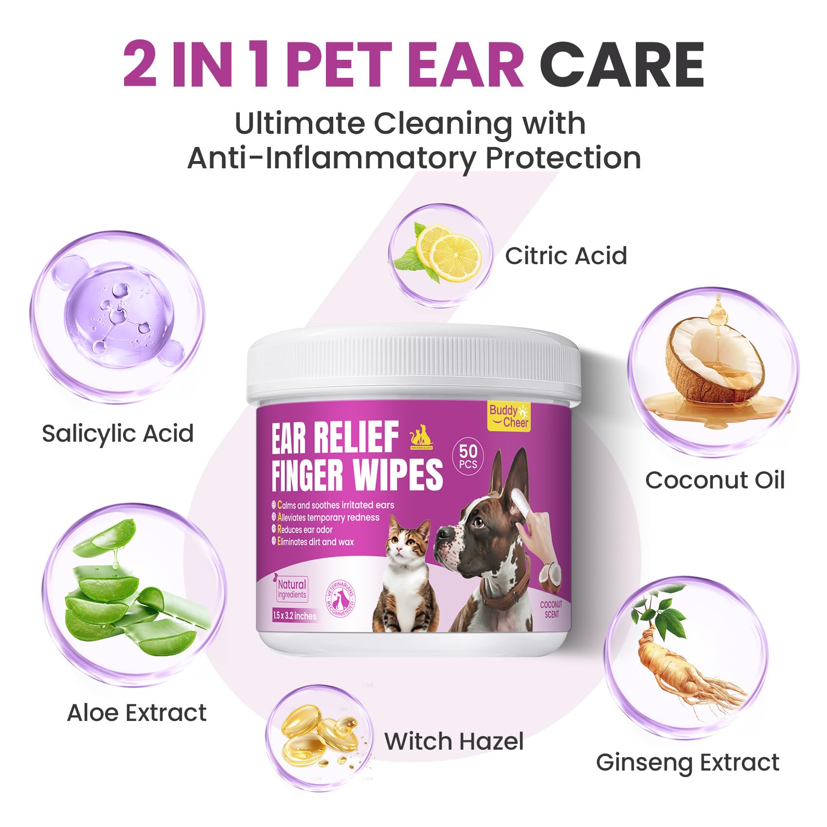 Pet Ear Cleaning Finger Wipes for Dogs & Cats - Dog Ear Cleaner with Aloe, Coconut Oil & Ginseng - Finger Dog Ear Wipes to Relie