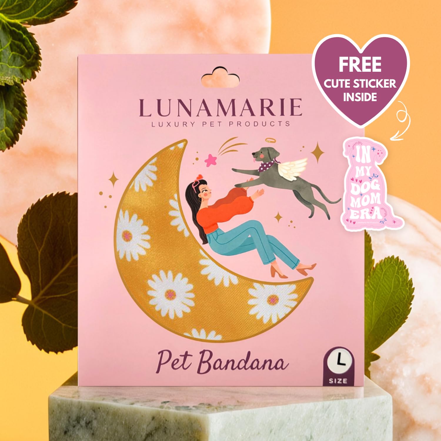 LunaMarie - Luxury Pet Birthday Bandanas -Premium & Silky Poly Fabric | 100% Handmade | Custom Shape Dual Layered (Daisies, Larg