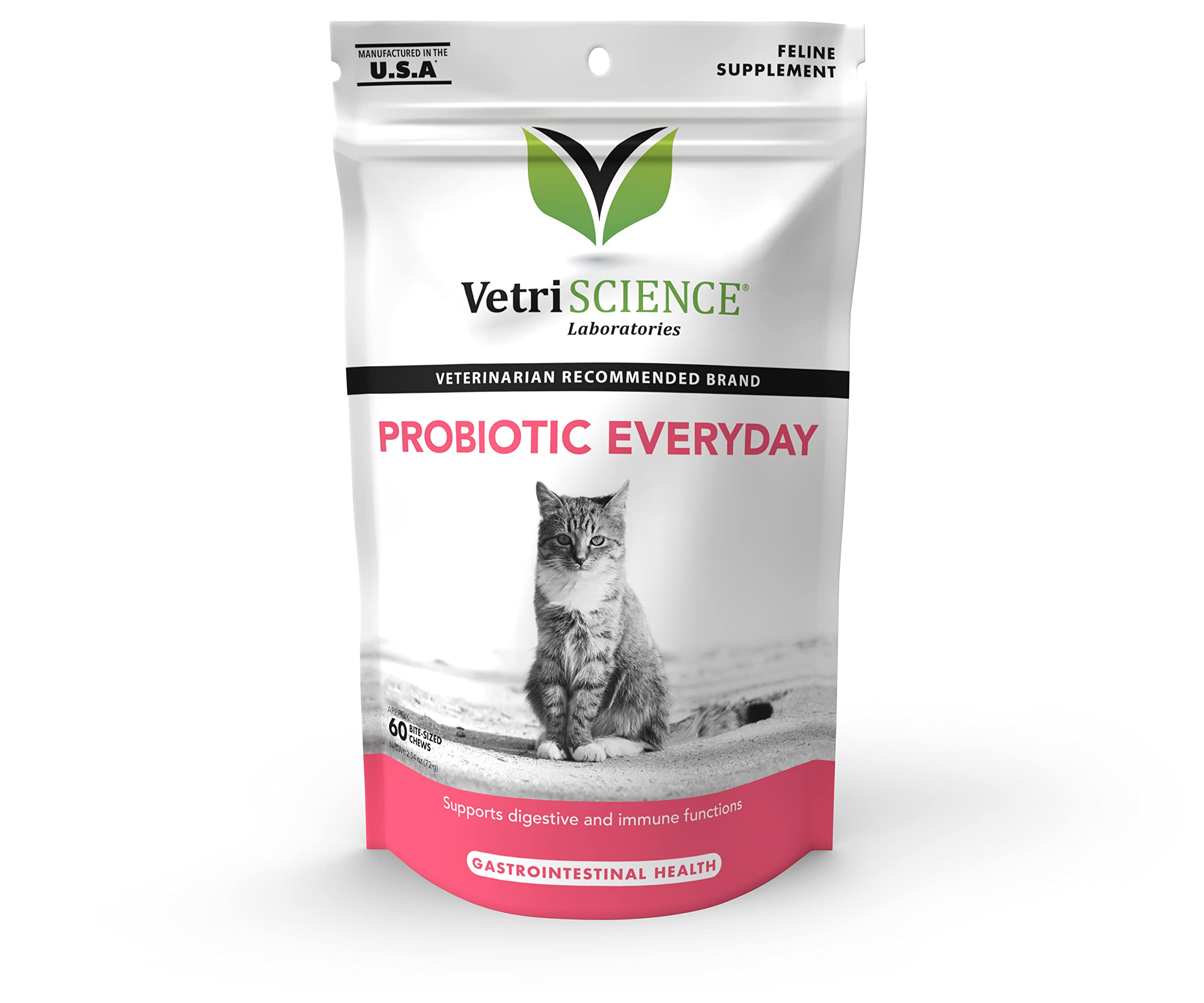 VetriScience Probiotic Everyday for Cats, Digestive Support Supplement, Duck Flavor, 60 Bite Sized Chews - Probiotics and Prebio