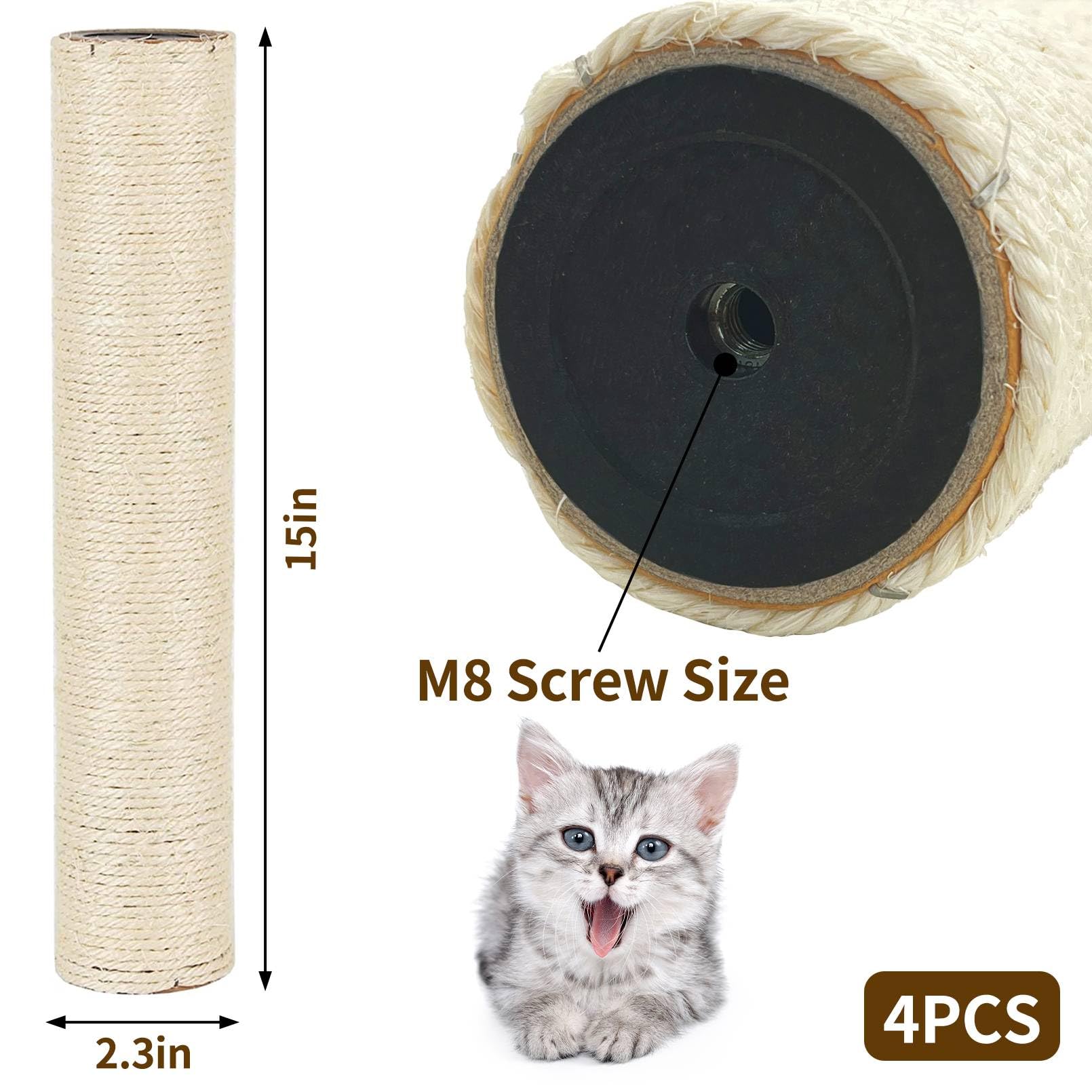 Fhiny 4Pcs Cat Scratching Post Replacement 15' Natural Sisal Spare Extension Scratch Post For Cats Tree Diy Craft Refill Pole P