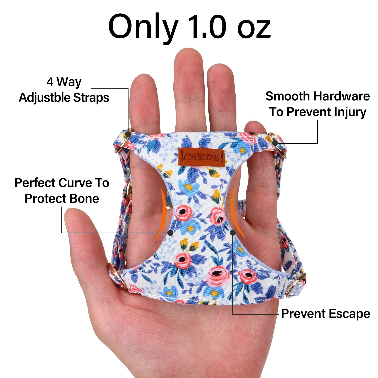 CHEDER No-Pull Floral Pattern Dog Harness - Lightweight & Soft, Adjustable for Small & Medium Dogs (XXS, Blue Rose) with Leash