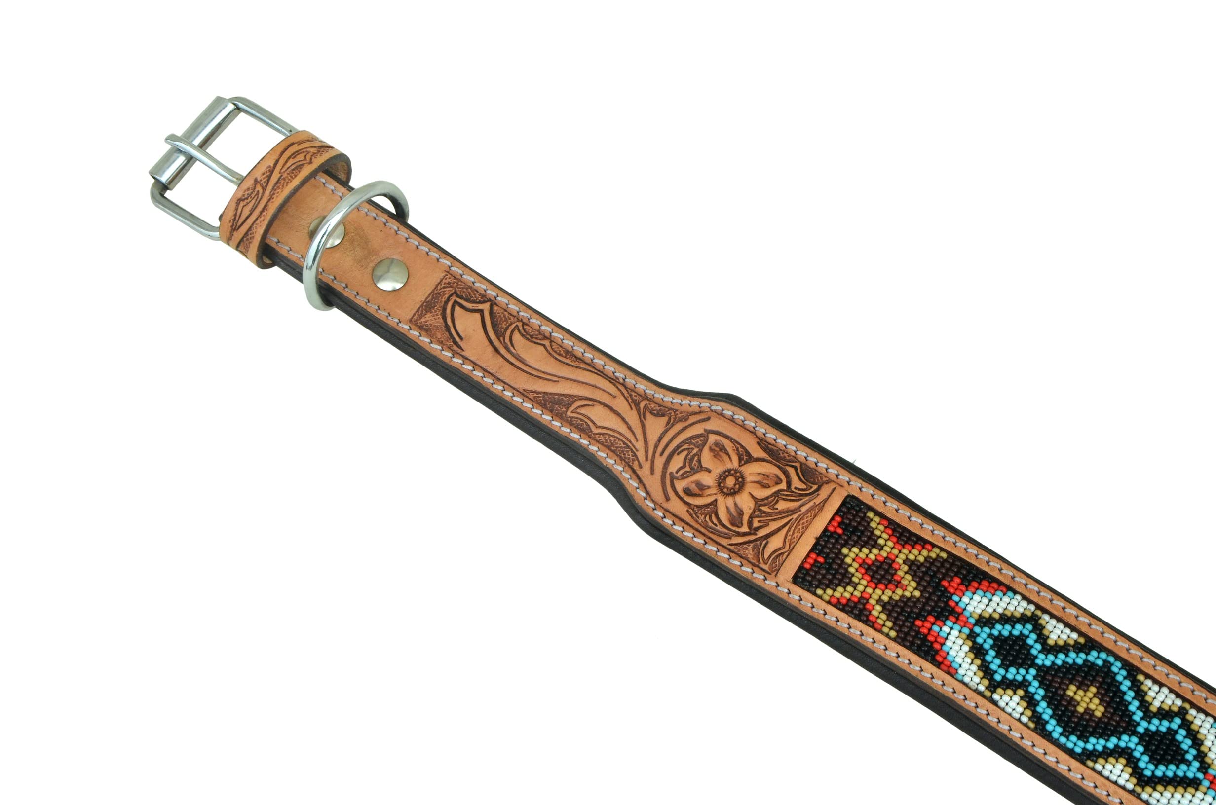 Leather Dog Collar Small Size Western Style Heavy Duty Hand Tooled Adjustable Beaded And Padded Soft For Puppies And Big Dogs 10