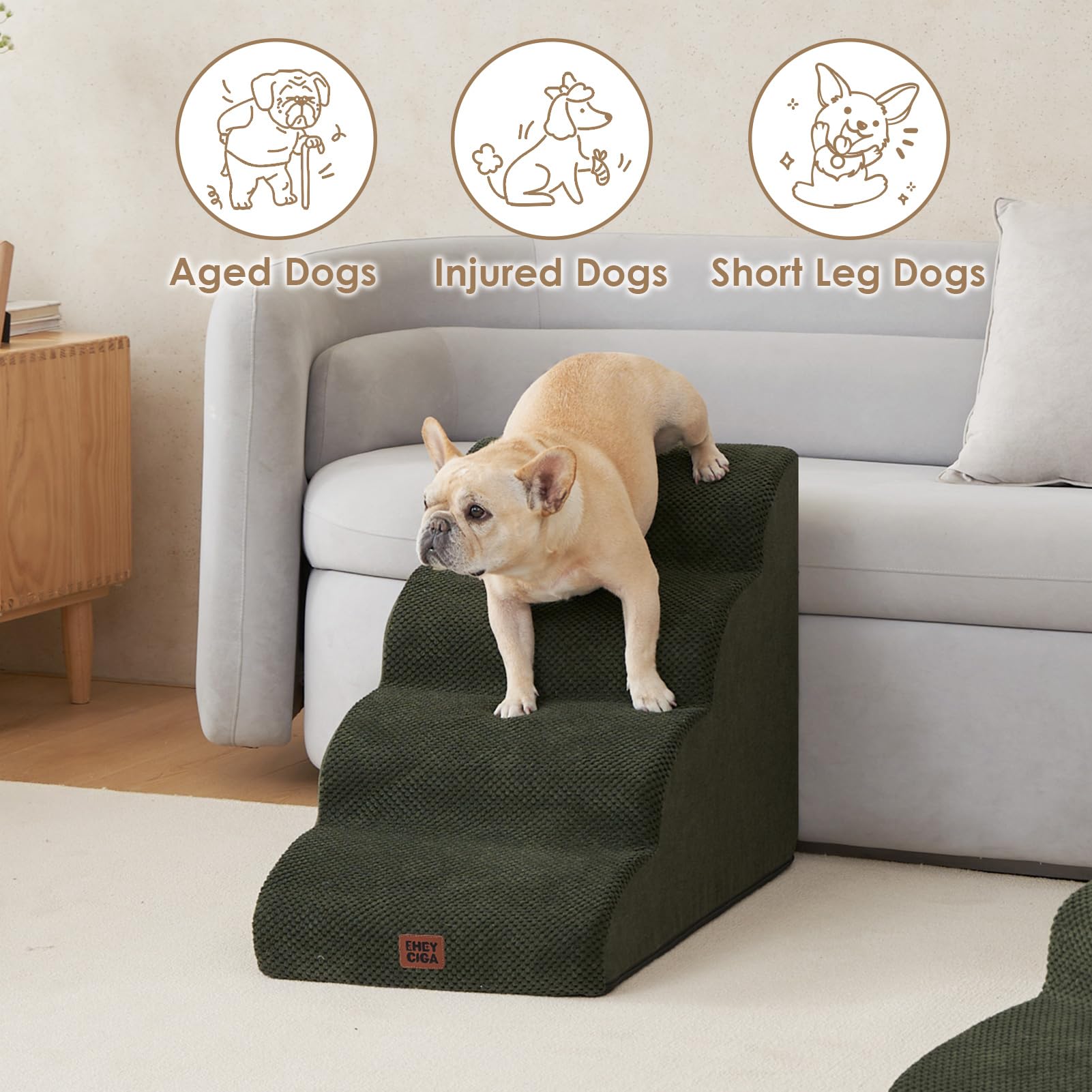 Eheyciga Curved Dog Stairs Ramp For High Beds 19.7' H, 4-Step Dog Steps For Small Dogs And Cats, Pet Stairs For High Bed Climbing, Non-Slip Balanced Pet Step Indoor, Olive Green
