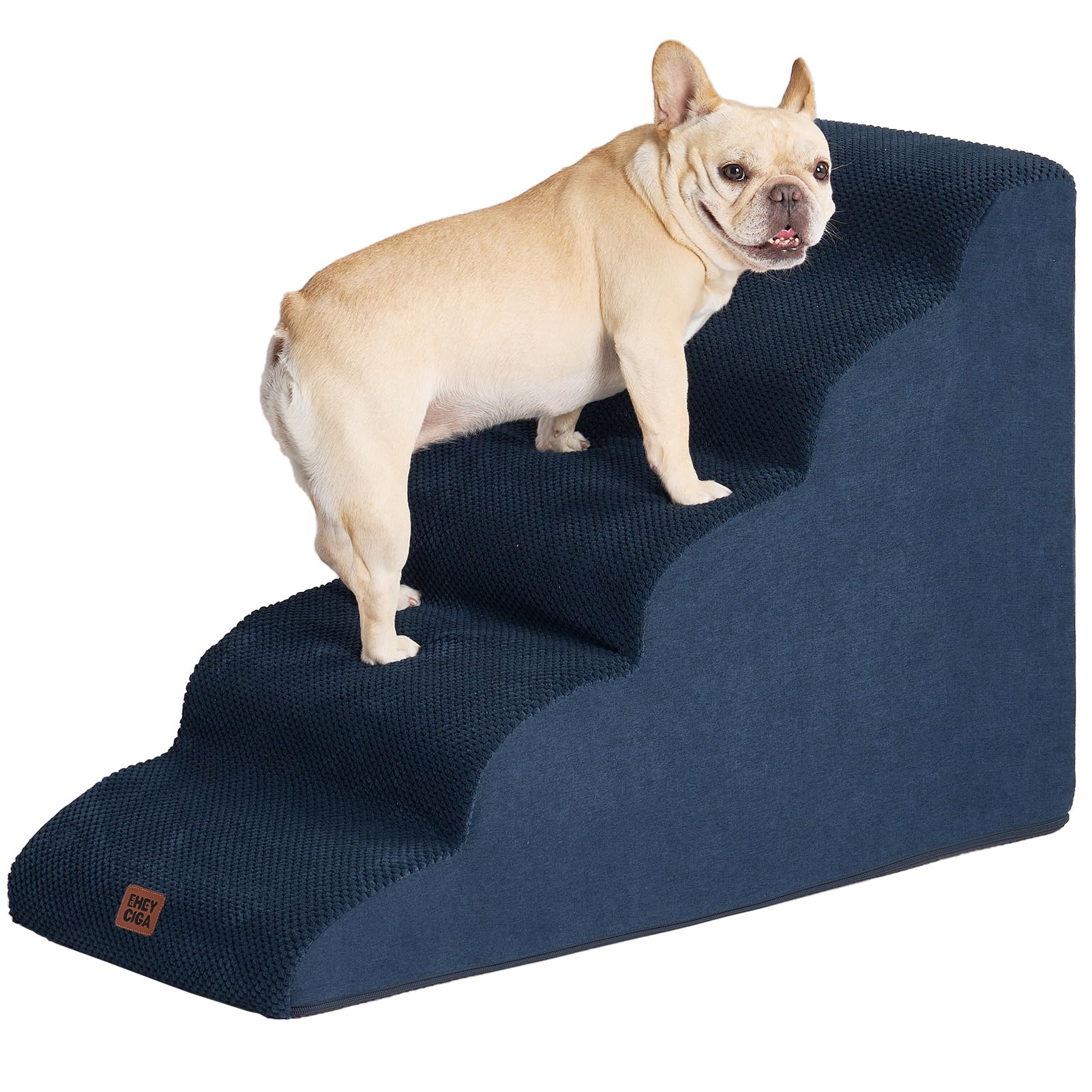 Eheyciga Curved Dog Stairs Ramp For High Beds 22.6' H, 5-Step Dog Steps For Small Dogs And Cats, Pet Stairs For High Bed Climbing, Non-Slip Balanced Pet Step Indoor, Navy