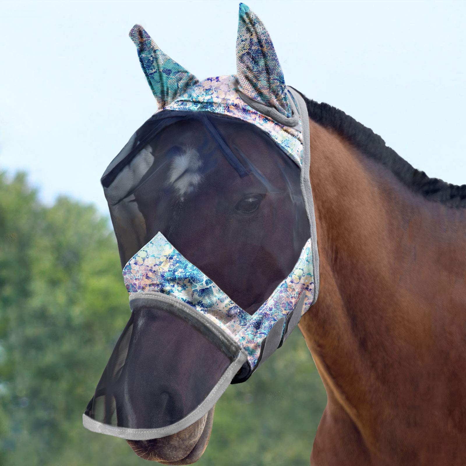 Harrison Howard LumiVista Horse Fly Mask Long Nose with Ears UV Protection for Horse Pastel Mix M Cob