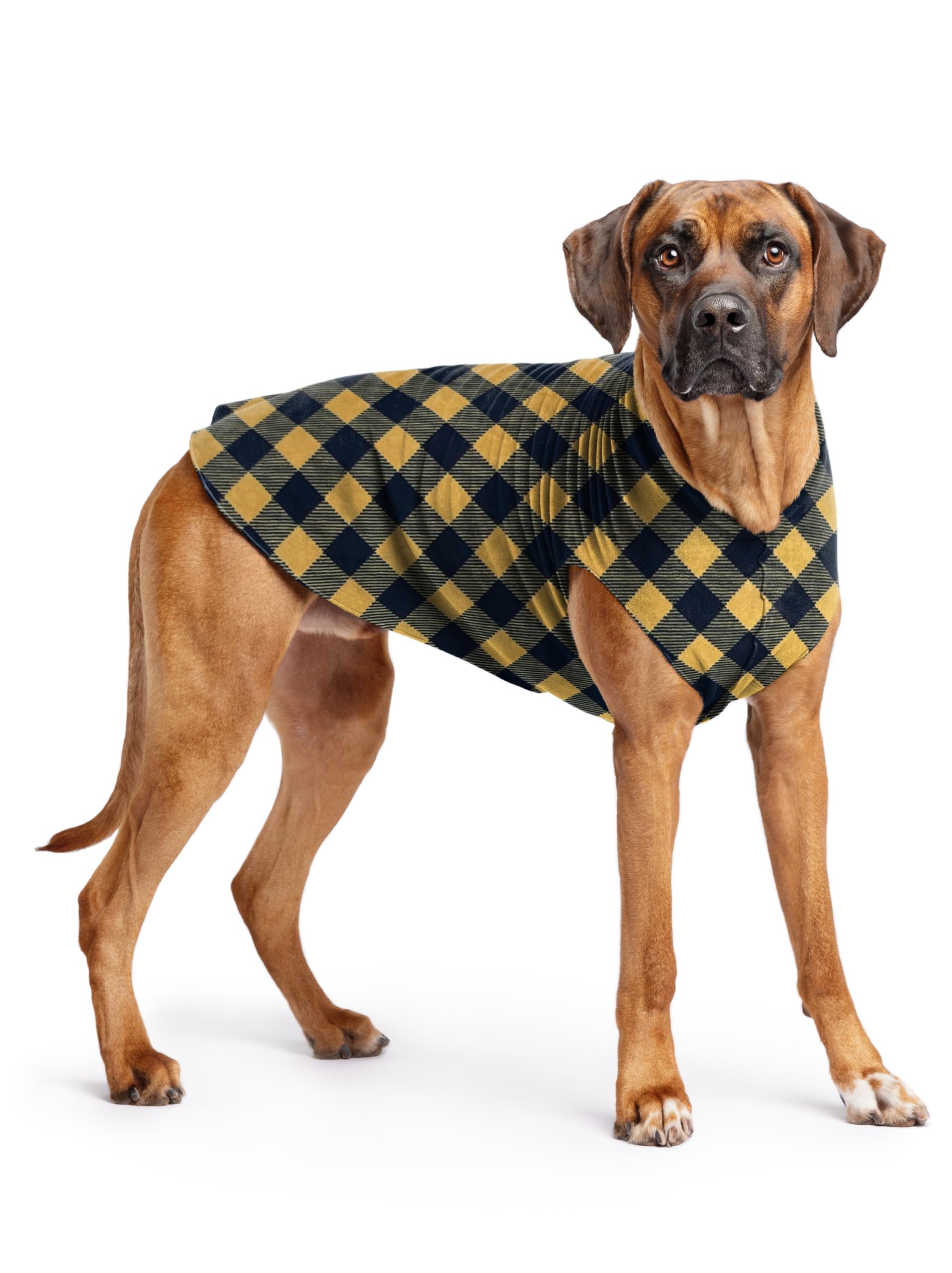 Gold Paw Stretch Fleece Dog Coat, Stretchy Pet Sweater, Machine Washable Pullover For Winter And Fall, Gold Buffalo Check, 26