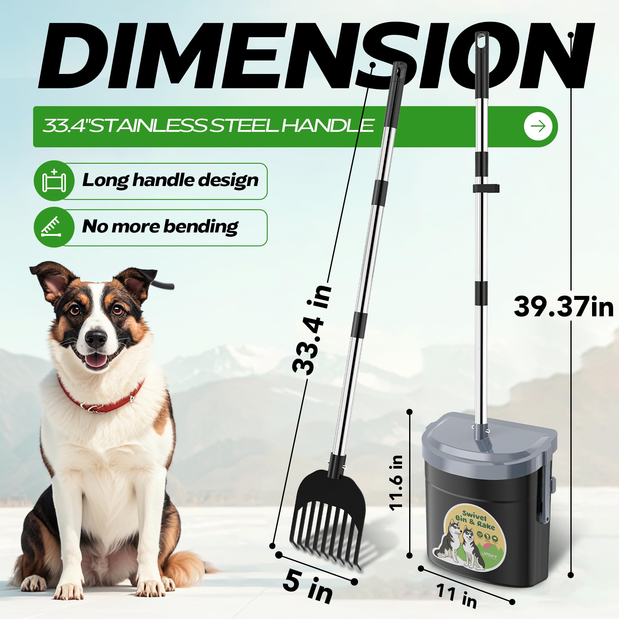 UPSKY Dog Pooper Scooper Swivel Bin & Rake Kit with 100 Waste Bags,33.4 '' Stainless Steel Long Handle Heavy Duty Pet Poop Shove