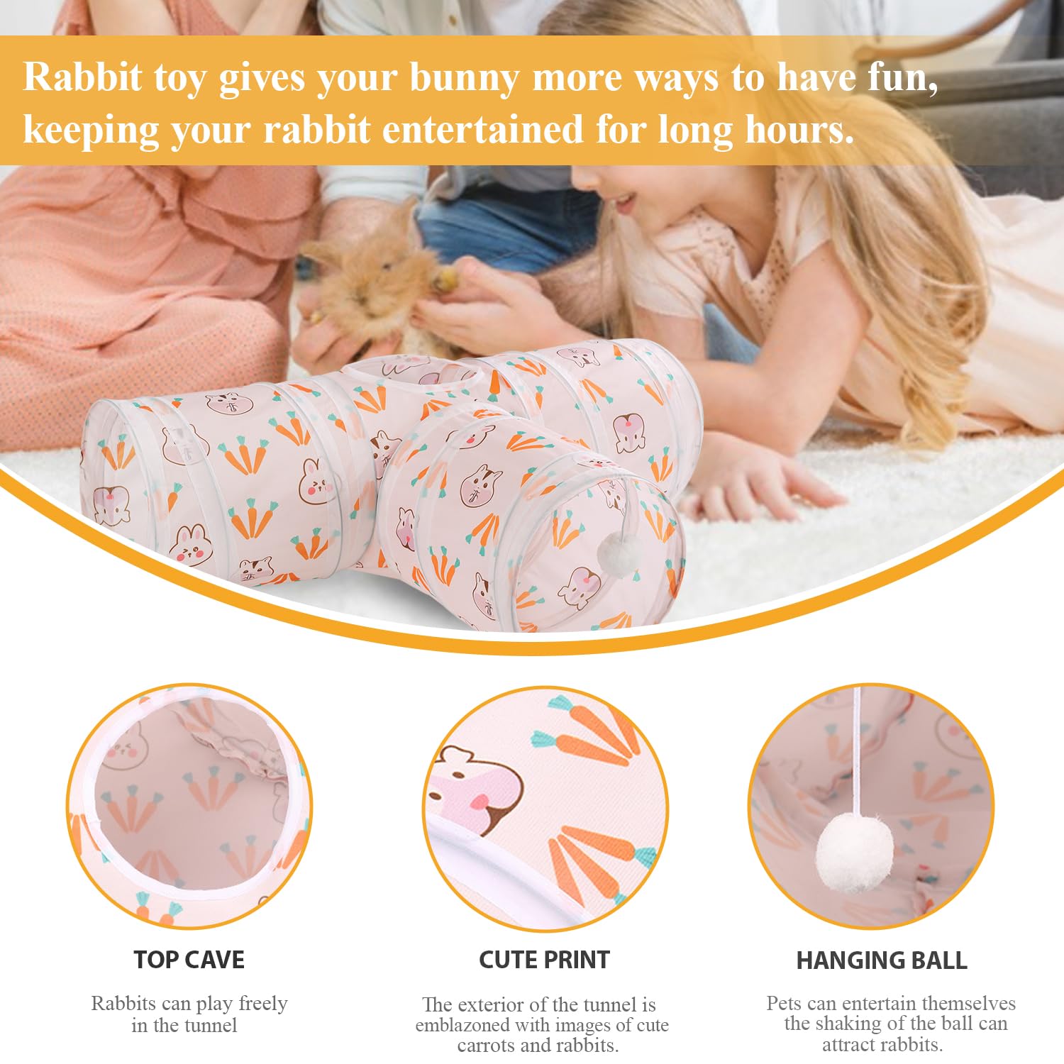 Hercocci Rabbit Toys, Bunny Tunnels & Tubes, Collapsible 3 Way Rabbit Hideout Tunnel With Chew Toys For Bunny Guinea Pig Ferret