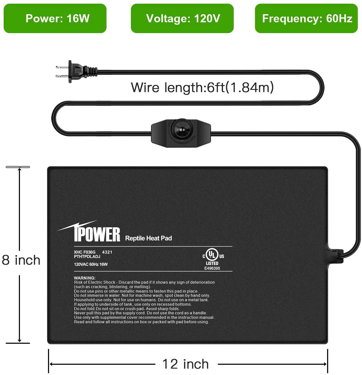 Ipower 8X12 Inch Reptile Heating Pad With Adjustable Controller Knob, Under Tank Heater Mat For Turtles, Lizards, Snakes, Amphib