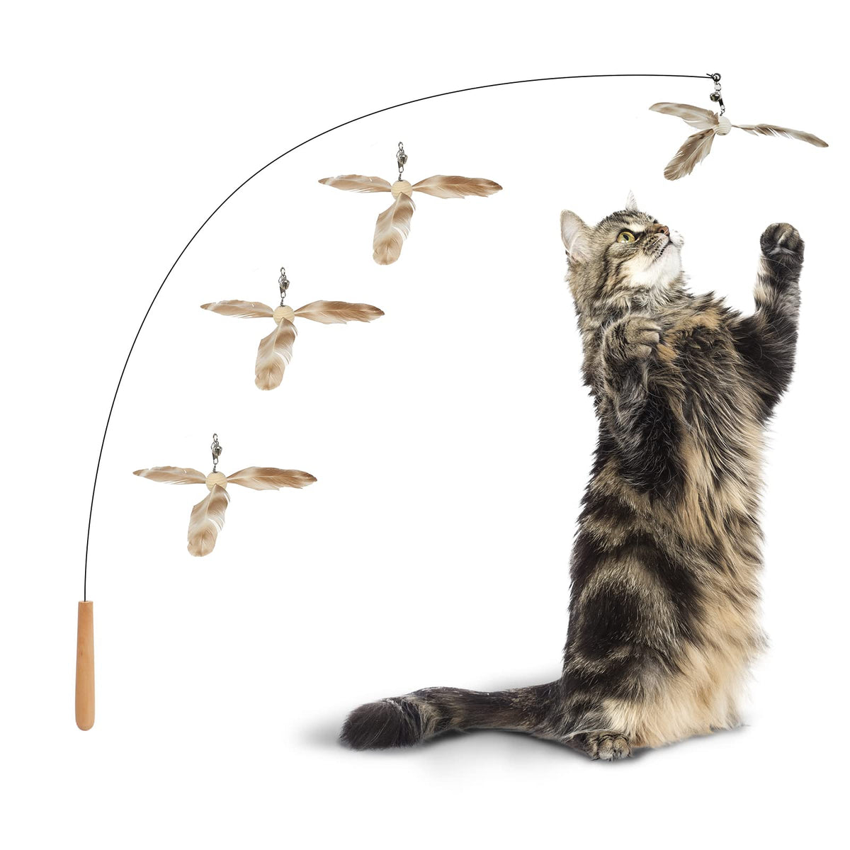 Fukumaru Cat Wand Toy, 35.5 Inch Cat Feather Propeller Toy With Bell, Steel Wire Cat Toy For Indoor Cats With 4Pcs Natural Feath