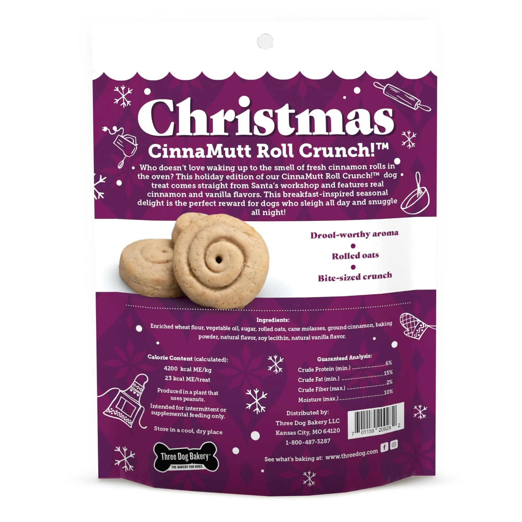 Three Dog Bakery CinnaMutt Roll Crunch, 5 oz Festive Dog Bones, Holiday & Christmas Dog Training Treats, Puppy Training Rewards
