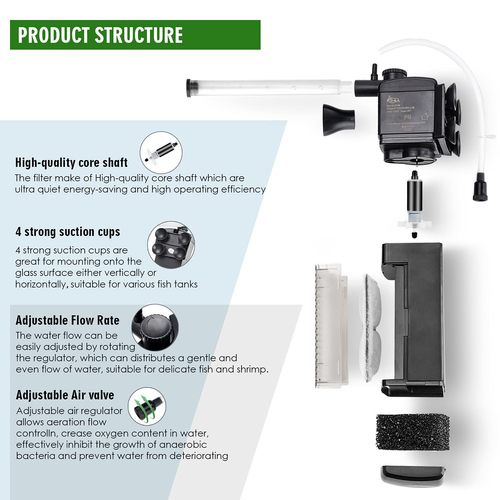 Aqqa Aquarium Internal Filter Submersible Power Filter In-Tank With Adjustable Water Flow, Ultra Silent Sponge Filter For Fish T
