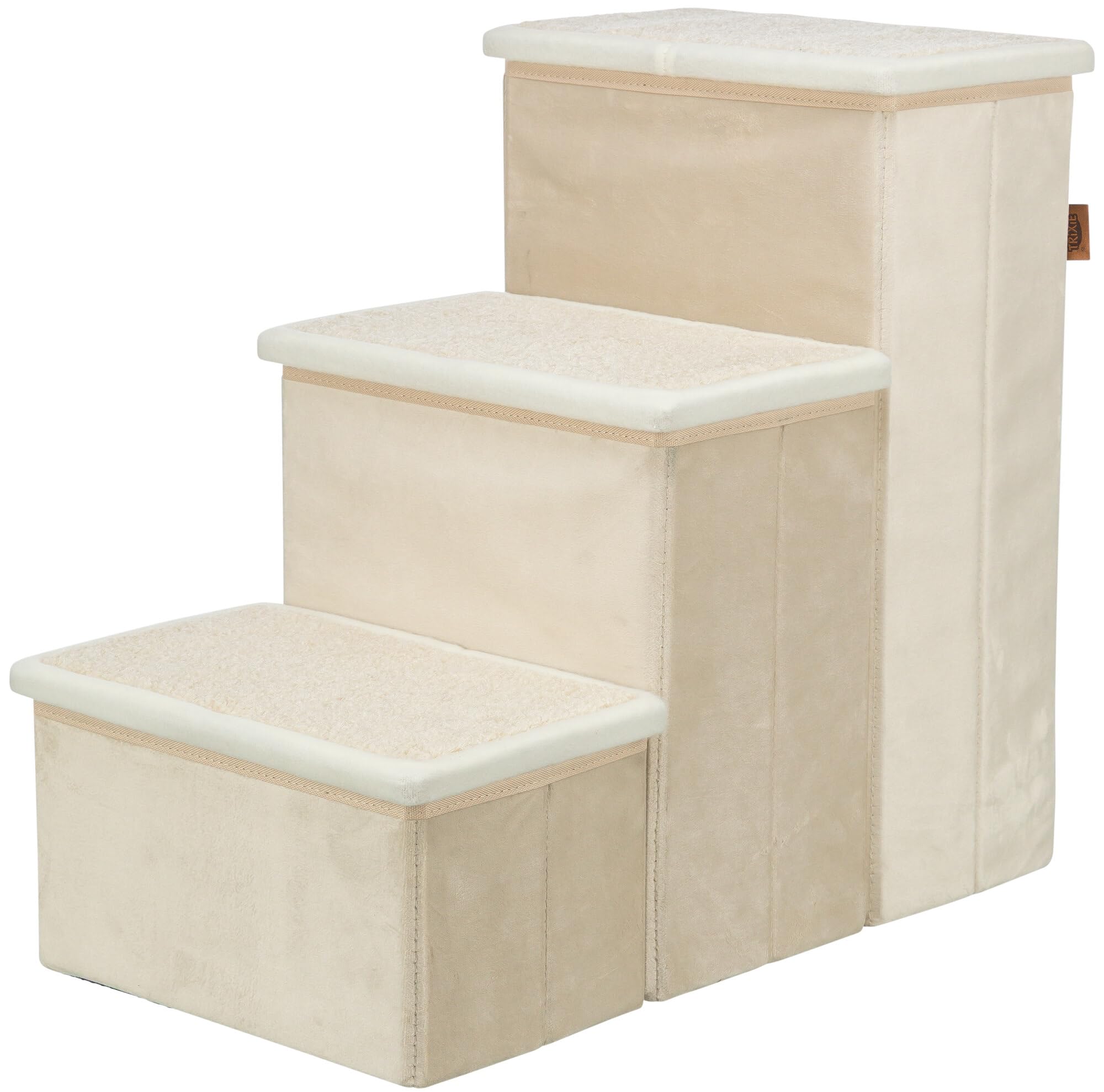 Trixie Velour Foldable 3-Step Pet Stairs with Storage, Collapsible, Storage Compartments for Pet Toys, Beige