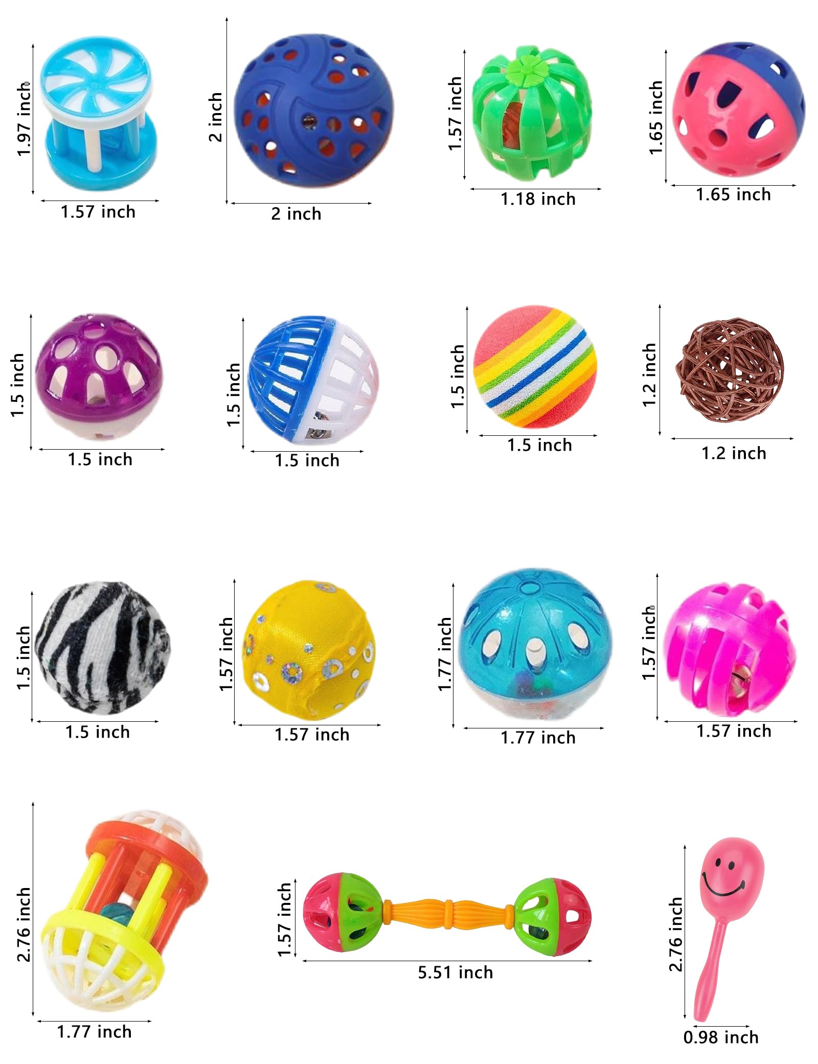 Bird Toys 18 Pcs Set, Colorful Plastic & Woven Rattan Balls With Bells For Parrots & Small Birds - Safe, Strong, & Stimulating P