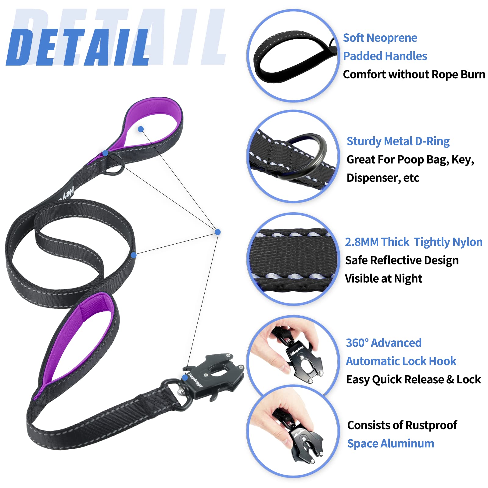 Strong Heavy Duty Dog Leash - 6Ft Reflective Nylon Training Leash With Soft Padded Double Handle & Auto Lock Frog Clip - Safety