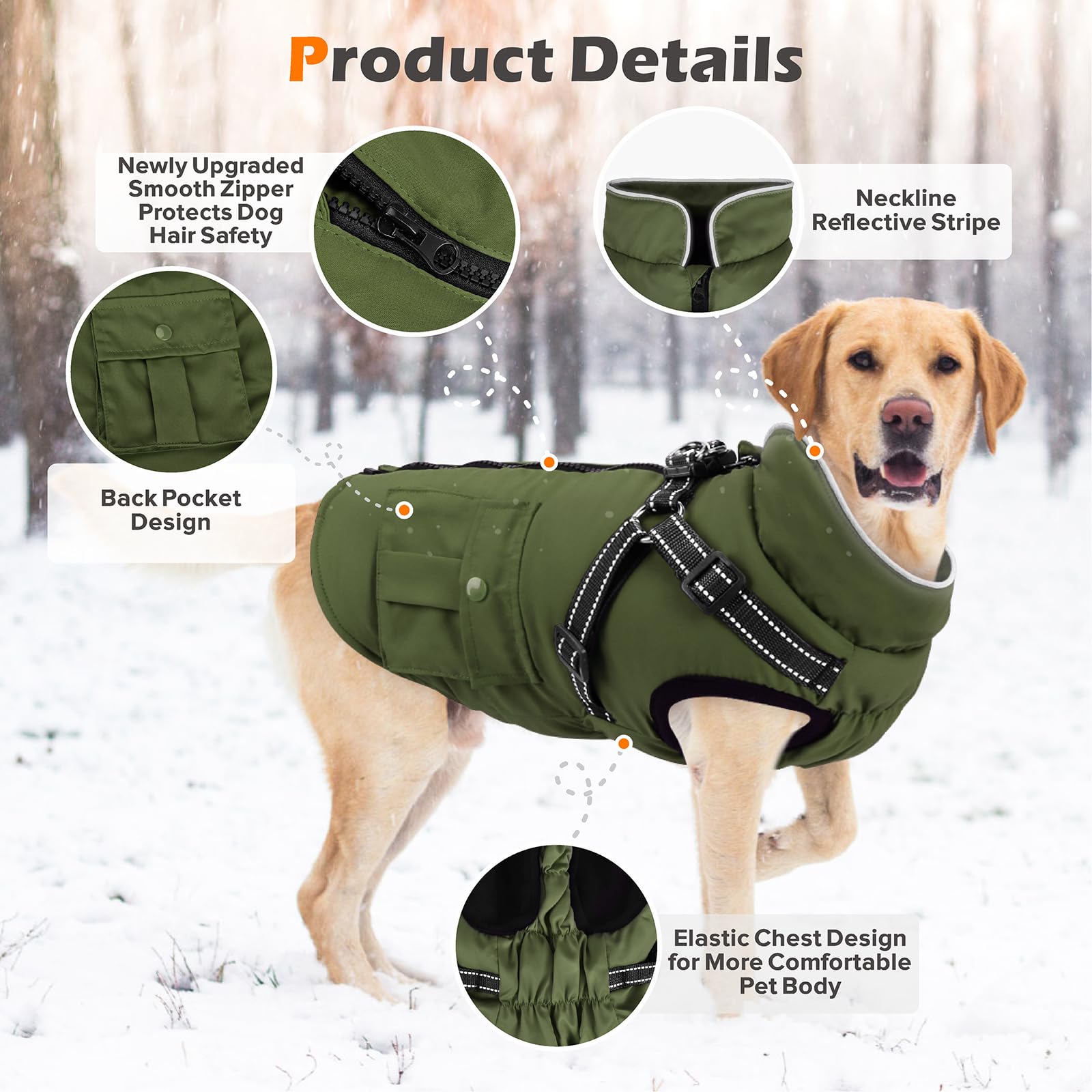 Winter Coat With Harness | Jacket Waterproof With Zipper and Fleece | Warm Dog Coat With Reflective for Small Medium Dogs (Army
