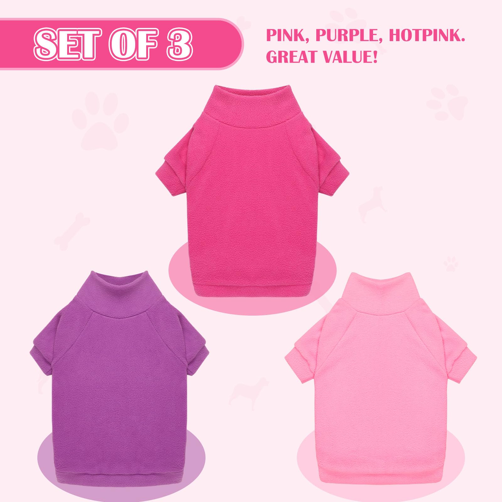 3 Pack Pet Sweaters For Small Dogs, Fleece Turtleneck Soft Warm Dog Sweatshirt Puppy Sweater Boy Girl (Pink+Hotpink+Purple,S)