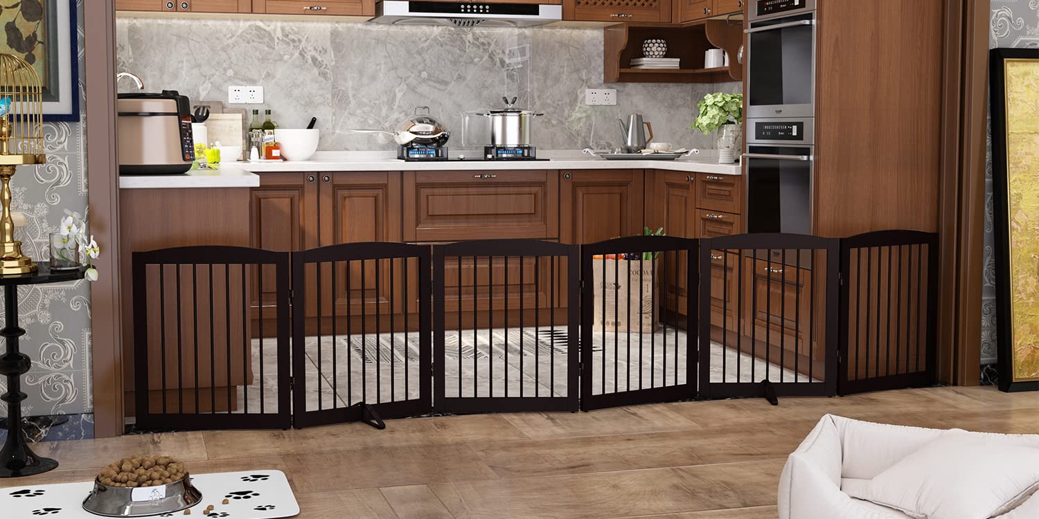 Pupetpo Freestanding Pet Gate For Dogs, Foldable Wooden Dog Gate For House, Extra Wide Dog Gate, Indoor Dog Gate For Stairs, Doorways, Halls, Support Feet Included, 120 Inch Wide, 6 Panels 24', Brown