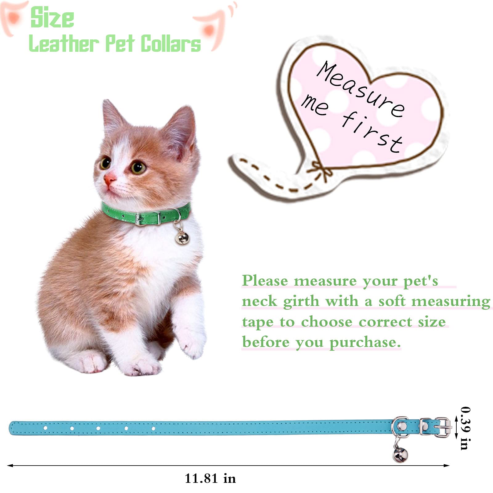 Weewooday 6 Pieces Leather Cat Collar With Bell Leather Kitten Collar Cat Collar For Boy Cats, Girl Cats With Safety Elastic Strap Cute Pet Collars For Small Cat Kitten Puppy(Fresh Color)