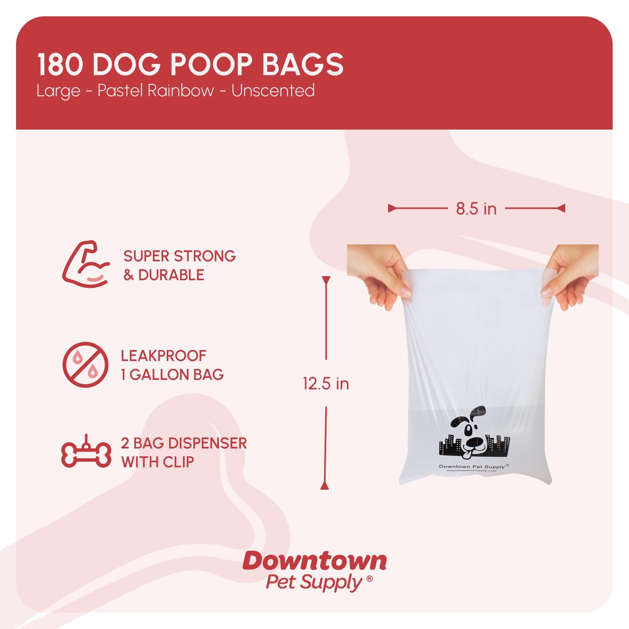 Downtown Pet Supply Unscented Poop Bags For Dogs With Dispenser, 180 Count - Leak-Proof Dog Waste Bags And Bone-Shaped Dog Poop