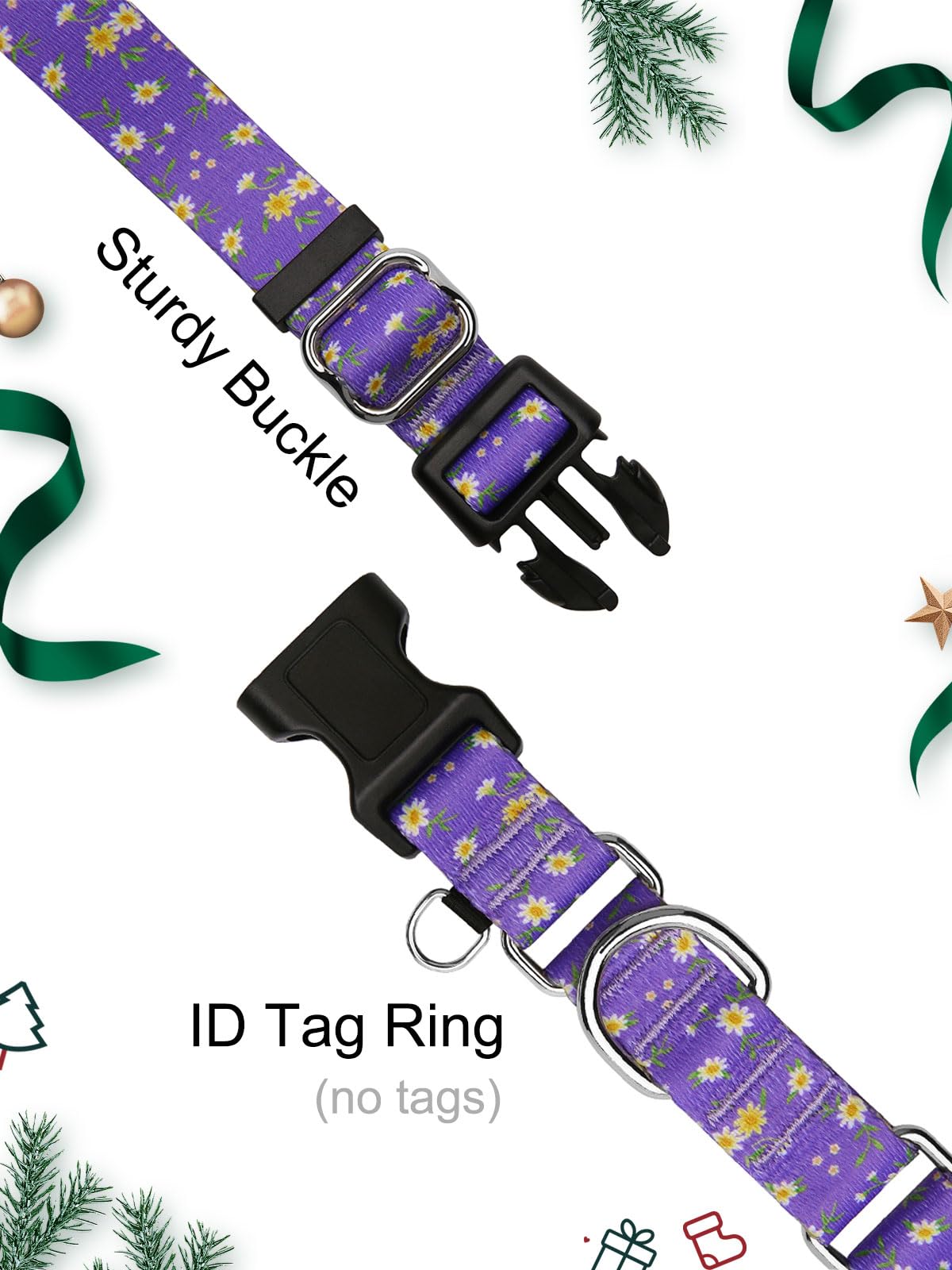 Joocpup Martingale Dog Collar With Tag Ring - Adjustable Soft Nylon No-Slip Design For Small, Medium & Large Dogs, Purple Flower
