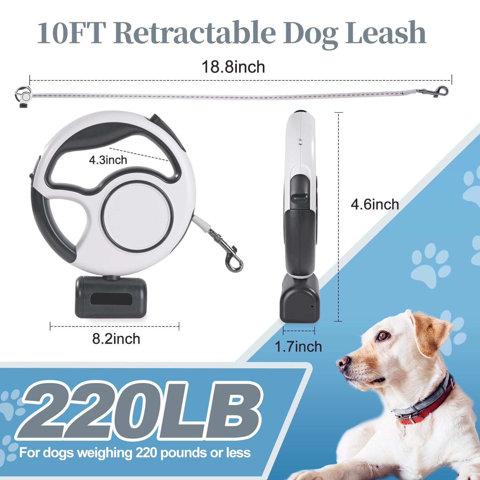 Retractable Dog Leash 4 In 1 With Led Light & Dispenser & Fixed Hanging, 10 Ft Heavy Duty Dog Leash Retractable For Medium Large