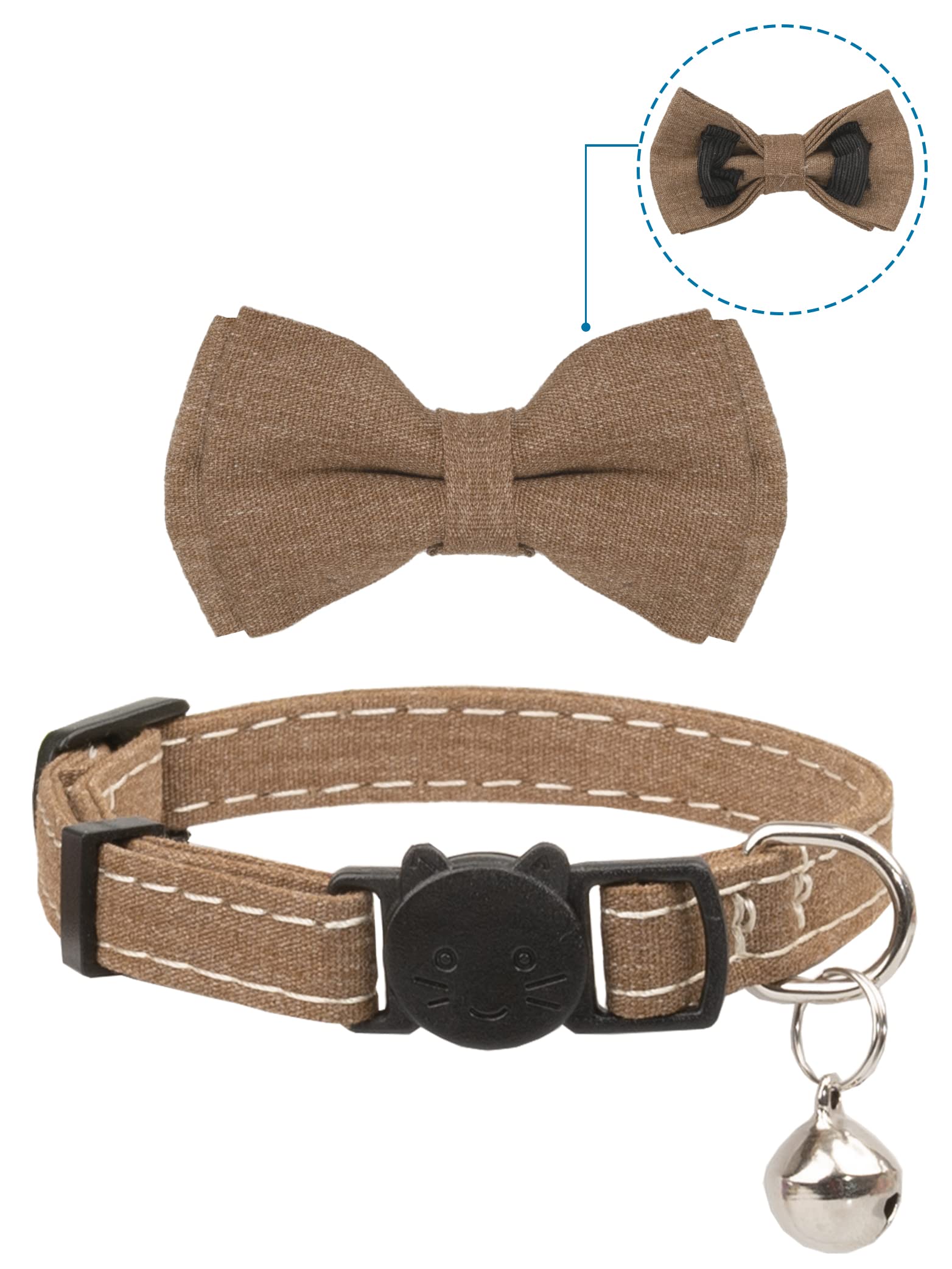 Gyapet Cat Collar Breakaway Bowtie Safety With Bell Adjustbale Kitten Puppy Solid Plaid Color Set A-[2Pcs] Brown & Beige