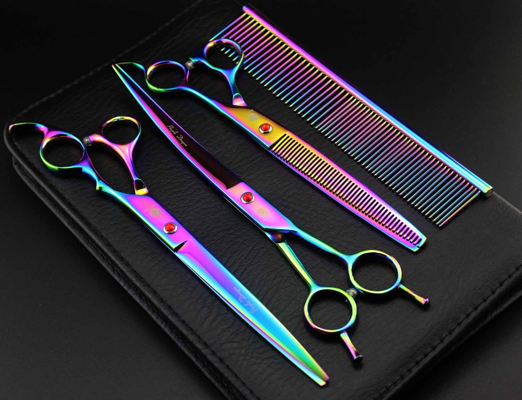 Purple Dragon 8 Inch 3 In 1 Professional Pet Grooming Thinning Scissors - Upward Curved Shears And Dog Hair Cutting Scissor - Perfect For Pet Groomer Or Family Diy Use (Rainbow)