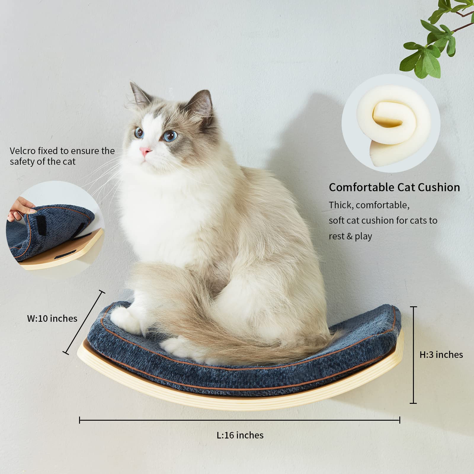 Liorce Cat Shelf With Comfortable Cushion - Curved Cat Shelves And Perches For Wall (Medium Size) - Wall Mounted Cats Furniture