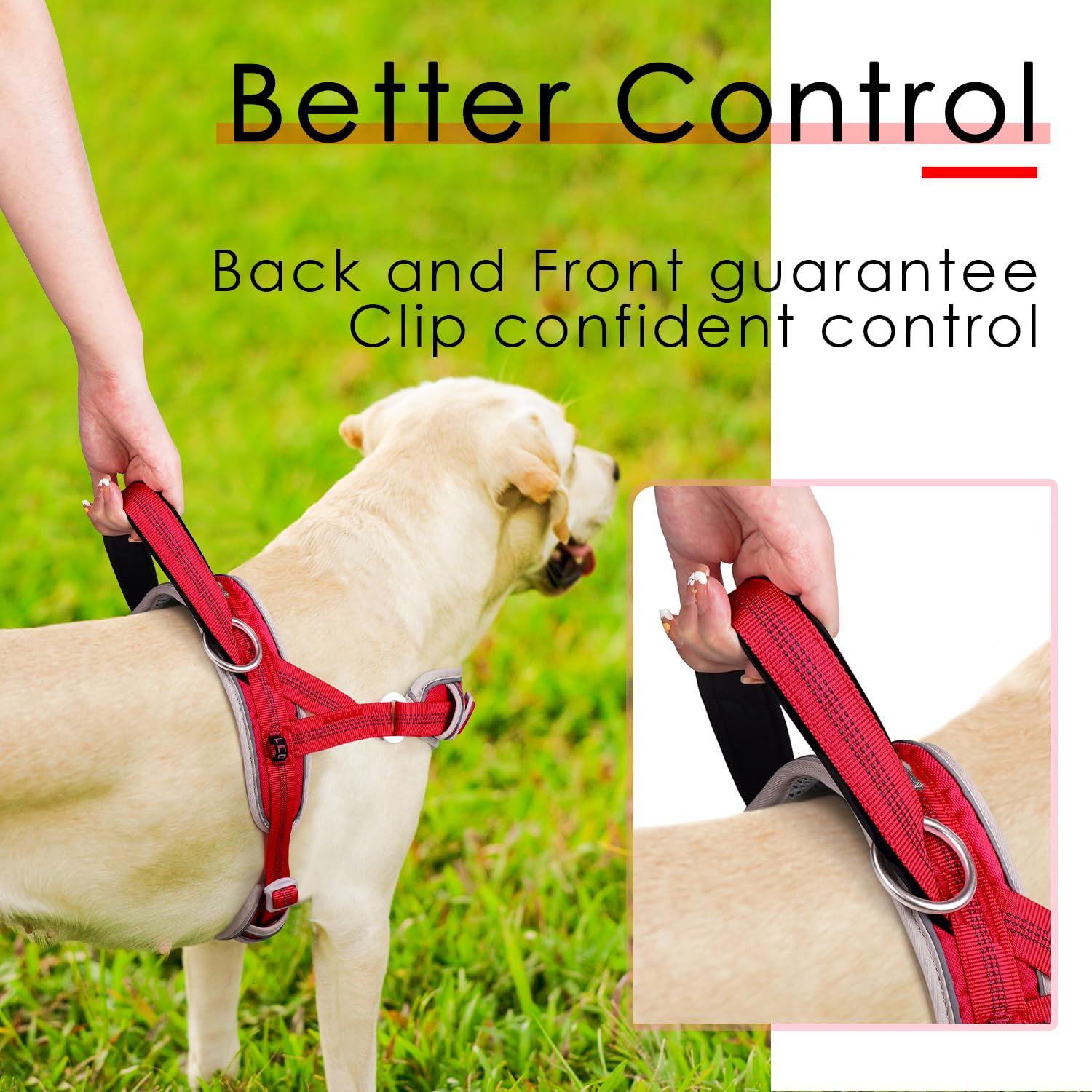 ADVENTUREMORE No Pull Dog Harness, Reflective Vest, Front Clip Handle, Large, Nylon, Rose Red, Model CPHA-0415-QR-L-LR
