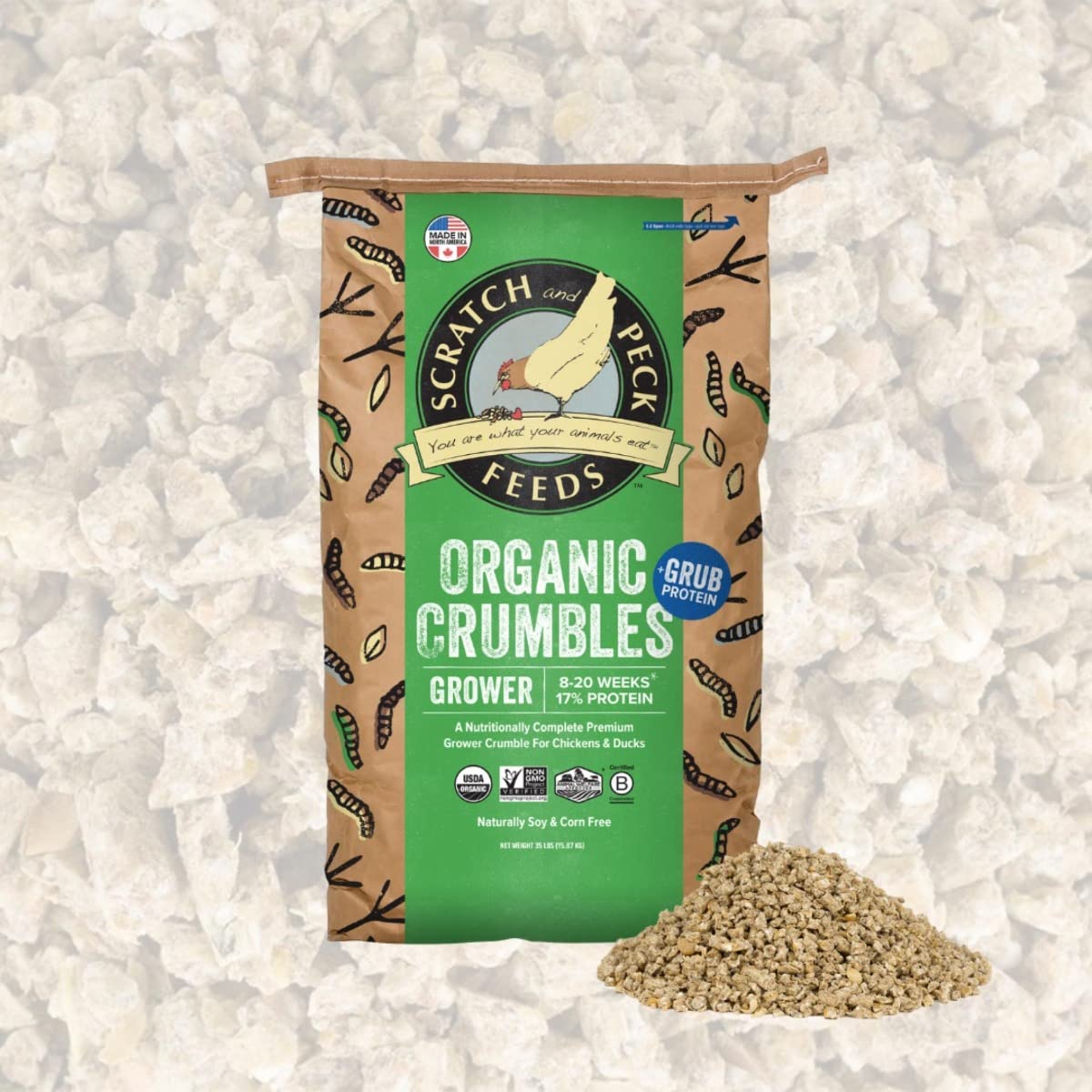 Scratch and Peck Feeds Whole Grain Grower Crumbles Chicken and Duck Feed - 25 lbs Bag - Corn-Free and Soy-Free - 17% Protein, Ce