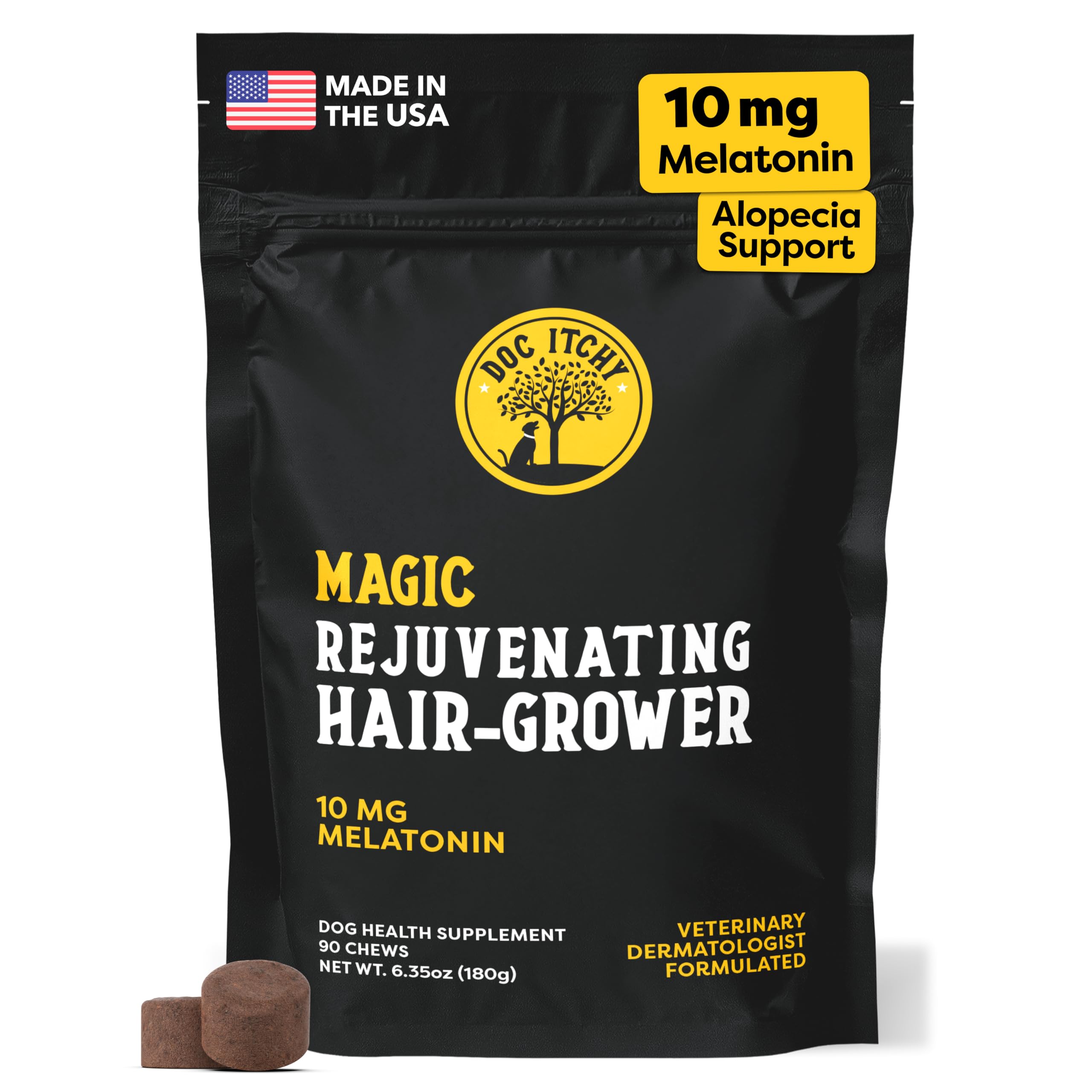 Doc Itchy Rejuvenating Hair-Grower Dog Pet Chews | 10mg Melatonin for Dogs | Hair Growth Booster | Senior Dog Energizer | Calmin