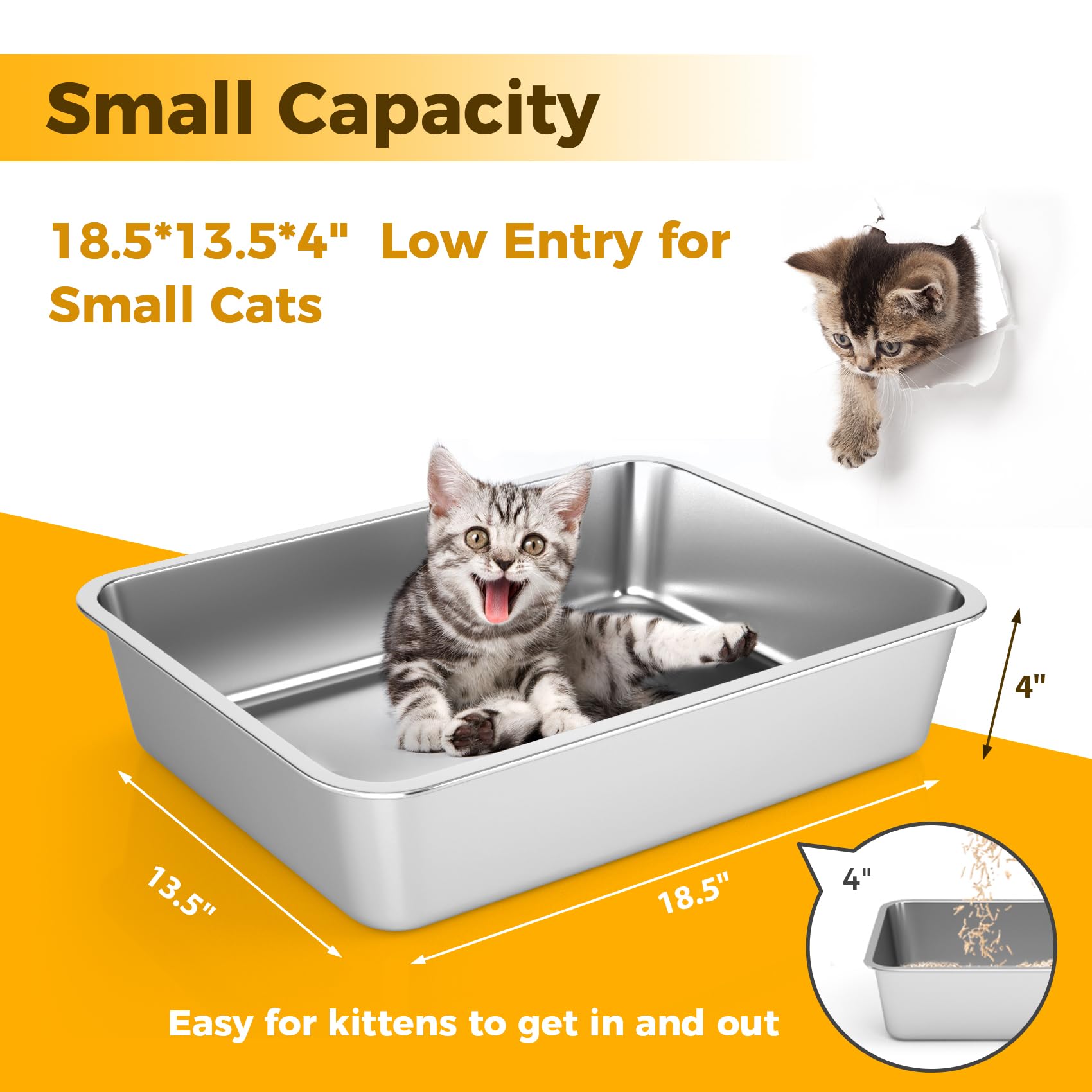 Lihong Stainless Steel Cat Litter Box,Small Metal Litter Box For Small Cats Hamster Rabbits,No Smell,Non Stick,Easy To Clean(18' Lx14 Wx4 H,M)