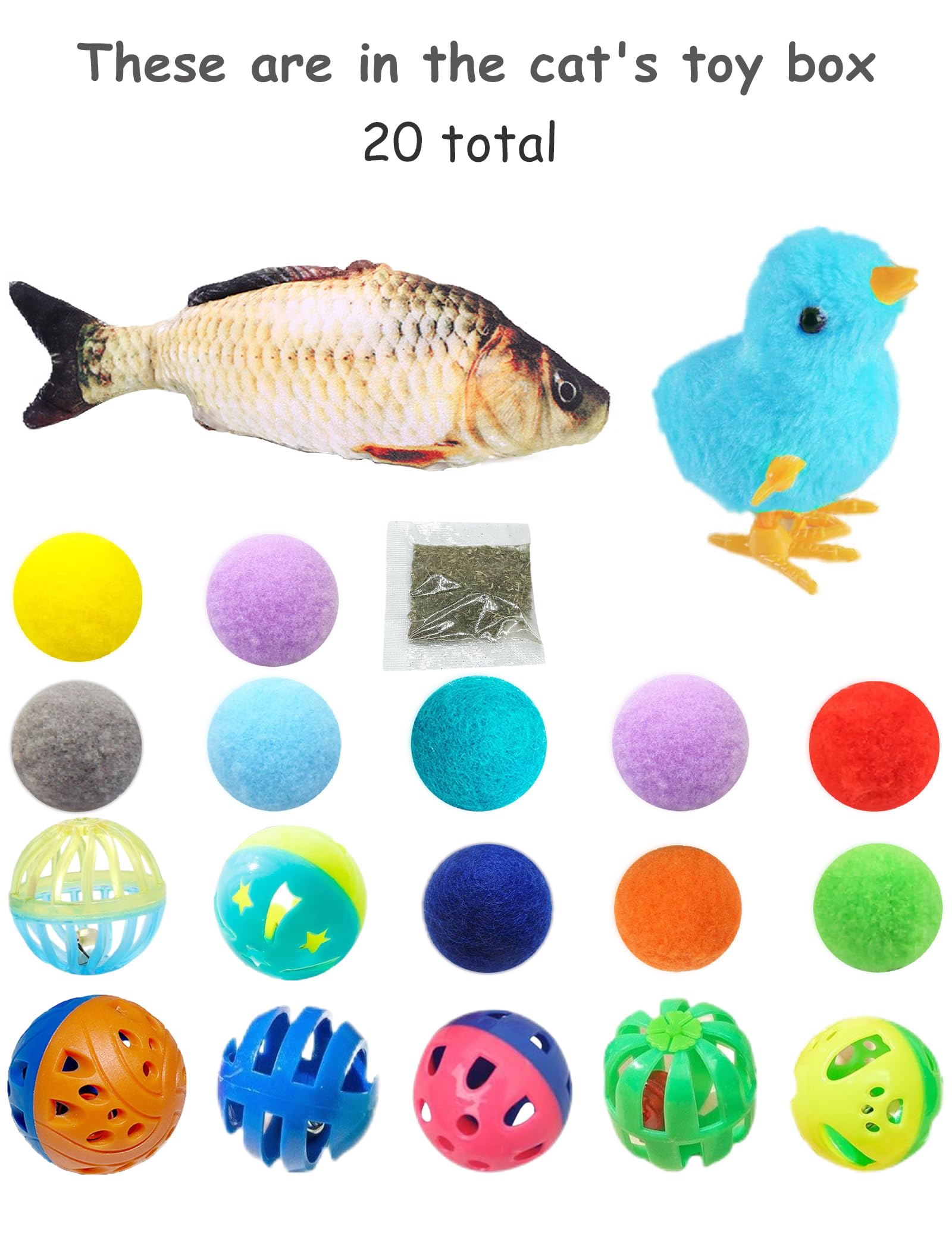 Heuhai 19 Pcs Cat Toys Variety Pack For Indoor Cats And Kittens, Fuzzy Balls, Jingle Bells, Wind-Up Chick, Catnip Fish, And More